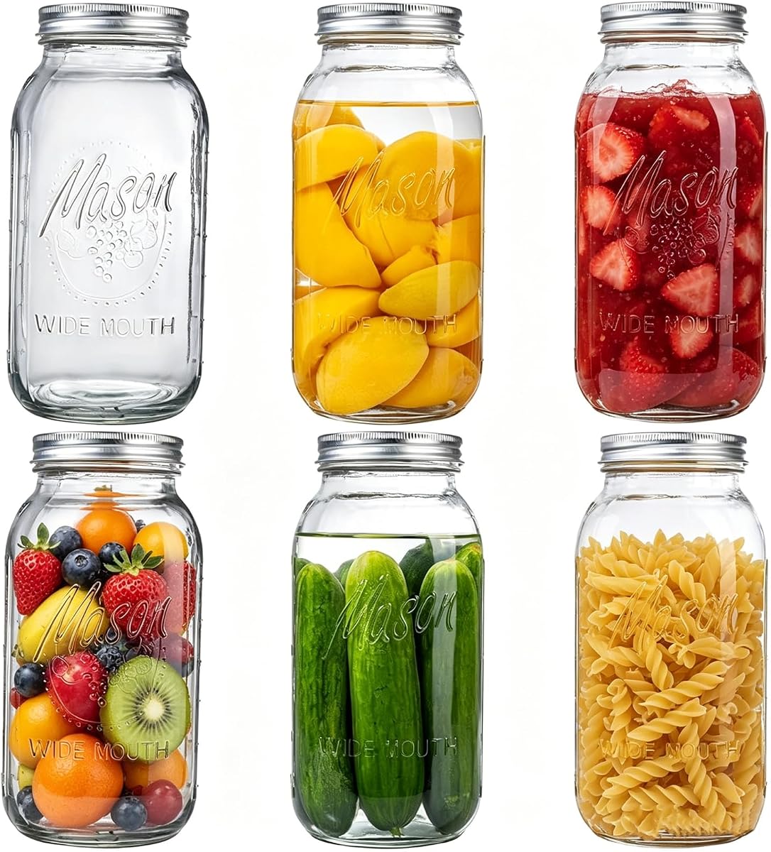 64 oz Mason Jars with Lids, Glass Jars for Canning, Wide Mouth Mason Jars for Spice Storage, Glass Jar with Lid for Pantry Organization, Jars for Home Kitchen Canning Set of 6