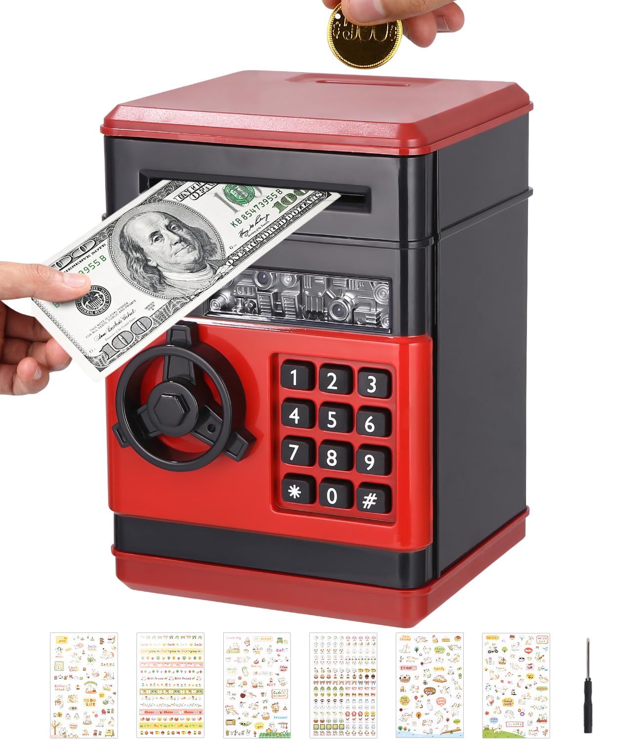 Birshe Elektronische Spardose Safe,Passwort Spardose für Kinder Number Bank Elektronische Geldbank Automatische Papiergeldrolle mit Niedliche Aufkleber Geburtstagsgeschenk