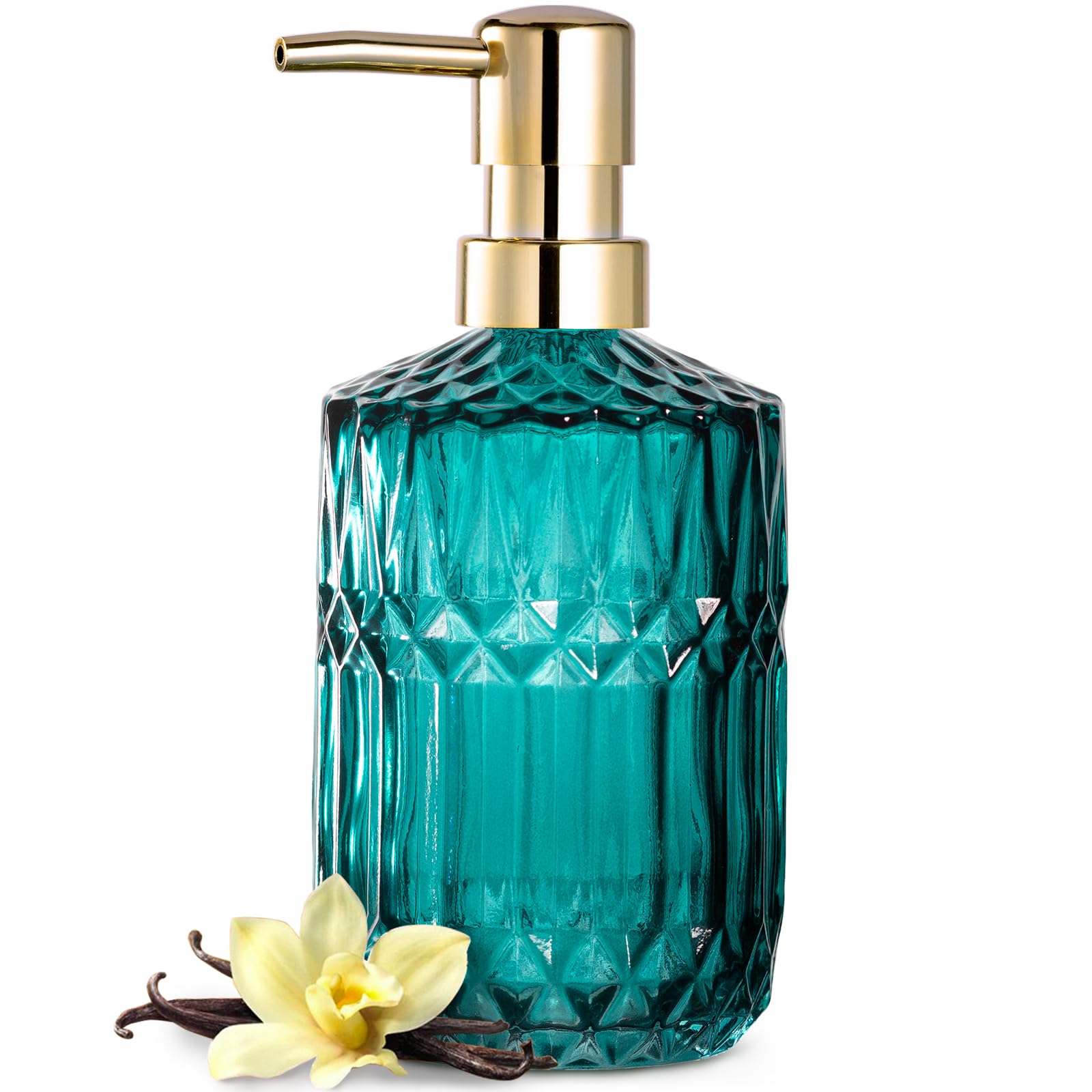 EMPO Clear Glass Soap Dispenser with ABS Plastic Pump, Crystal Lotion Dispensers for Kitchen Sink, Bathroom (Ocean Teal)