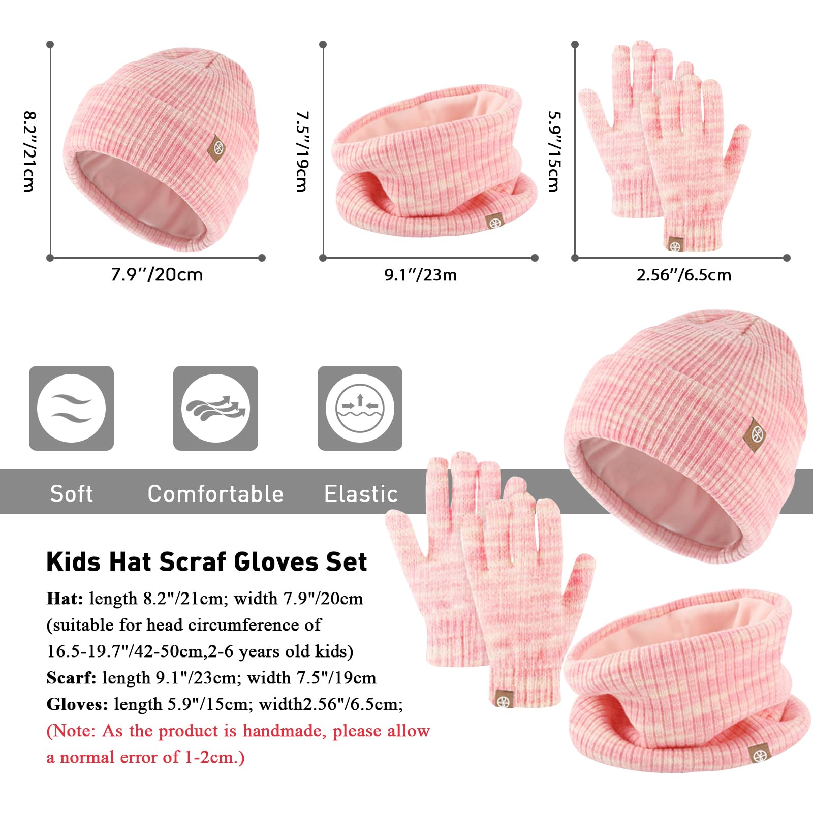 Enwokran Ensemble de Bonnet Écharpe Gants 3 en 1 pour Enfant- Bonnet en Tricot Thermique Tricoté Tour de Cou Chaud Gant Écran Tactile Set Accessoires D'hiver pour Fille Garçon 5-12
