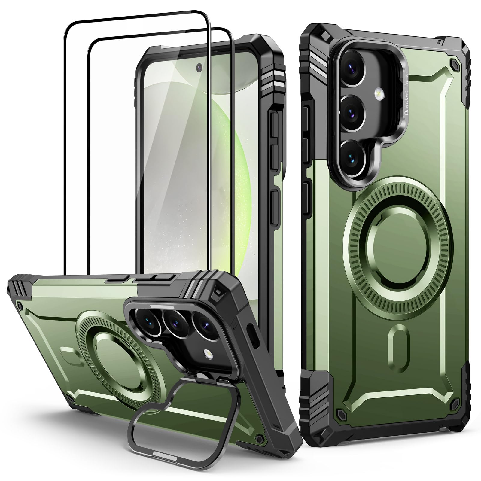 Lanhiem Cover per Samsung S24 5G Magsafe con Supporto Protezione Completa del Corpo a 360°con 2 Vetro Temperato, Militare 14FT Antiurto Resistente, Custodia per Samsung Galaxy S24, Verde