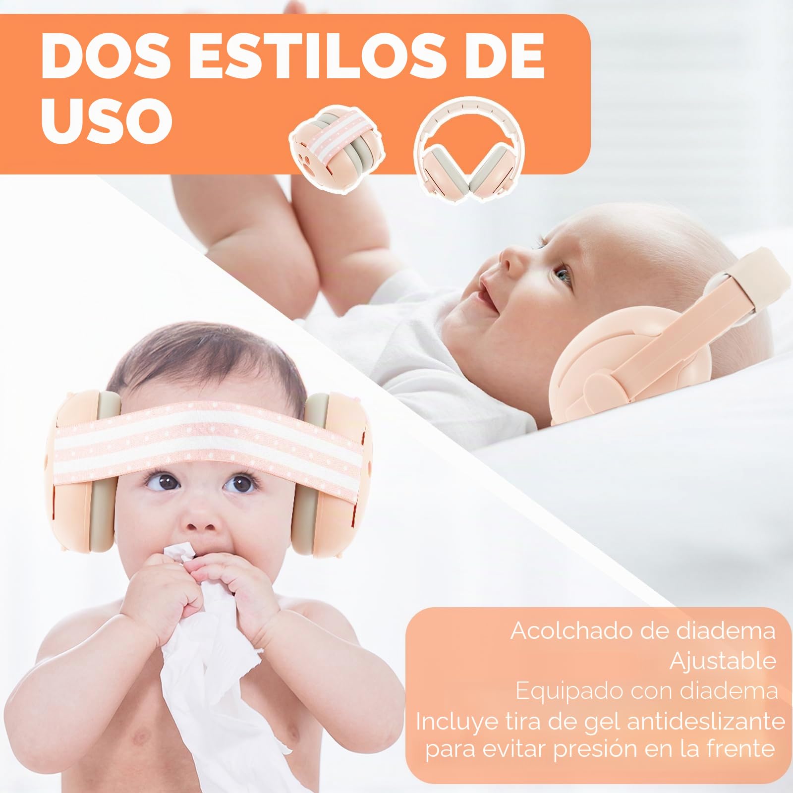 Protección auditiva para bebé, auriculares 2 en 1 para bebé, protección contra el ruido, con diadema ajustable y acolchada, orejeras para niños de hasta 48 meses, adecuados para dormir, viajar en