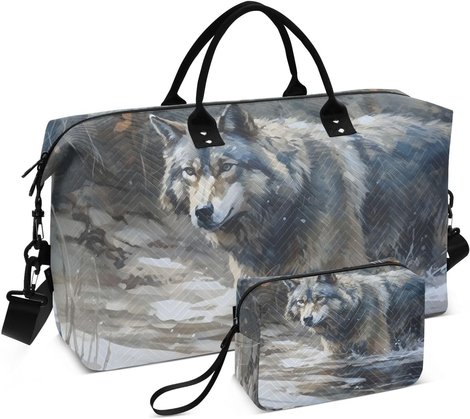 Duffel Bag Set for Travel Gym Sport, Weekender Bag Carry on Overnight Bag for Women Men-River Wolf Print