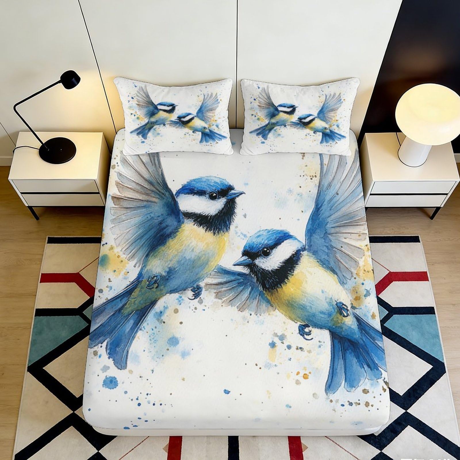 3D Printed Blue Tit Bird Fitted Sheet Microfiber Soft Breathable Flying Birds Mattress Cover for Bedroom Dormitory Guest Room Mattress Protection Decor 160x200x25cm