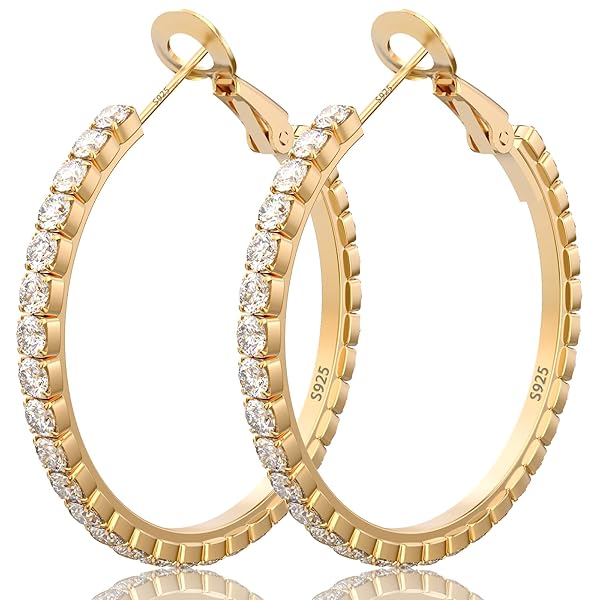Deliyer Rhinestone Hoops Earring for Womens Large Big 925 Sterling Silver Hoop Earrings With Diamond Medium Silver or Gold Earrings Gifts Non Tarnish Hypoallergenic Lightweight 30 40 50 60 70mm