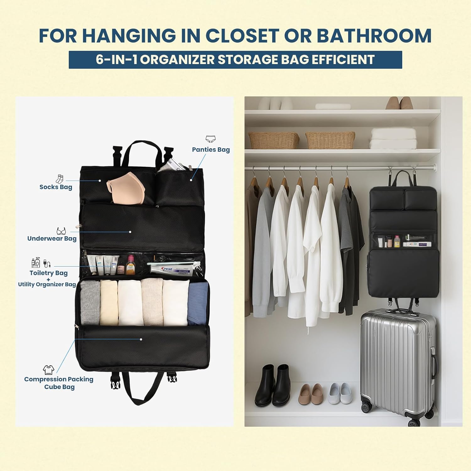 Surblue Travel Hanging Storage Bag for Luggage with Hooks and Handle Compression Packing Cube 6-in-1 Suitcase Organizer Travel Packing Organizers Space-Saving Carry-on Closet, Black