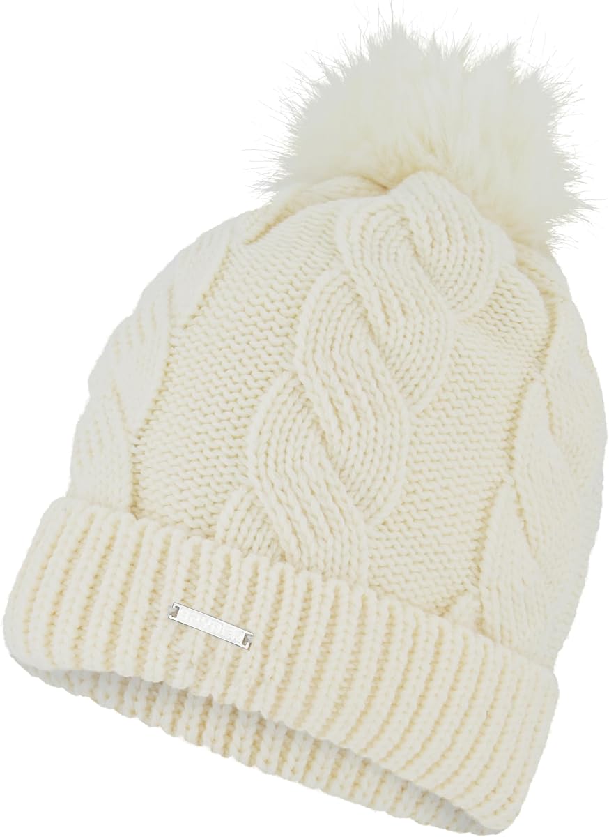 Women's Cable Knit Pom Pom Beanie with Ribbed Cuff