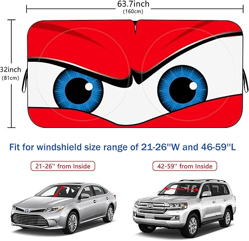 Miniatura 2 de Parasol para parabrisas de automóvil, ojos divertidos de automóvil, visera solar resistente al desgaste con cinta negra, plegable 63.7" L x 32" W