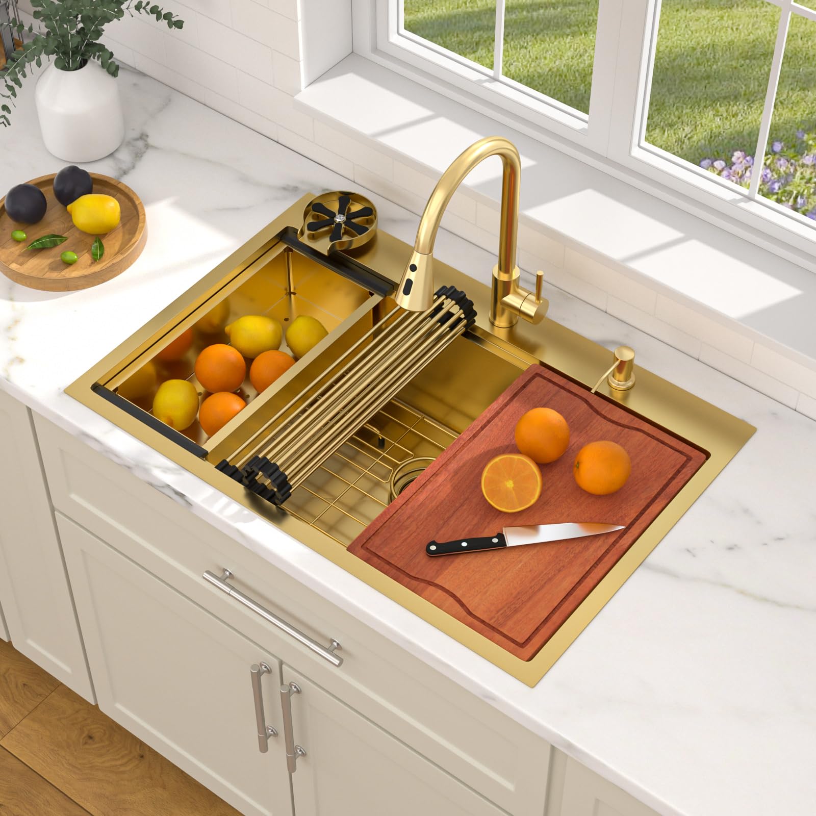 Évier de cuisine doré 83 cm évier de poste de travail acier inoxydable 304 cuve simple