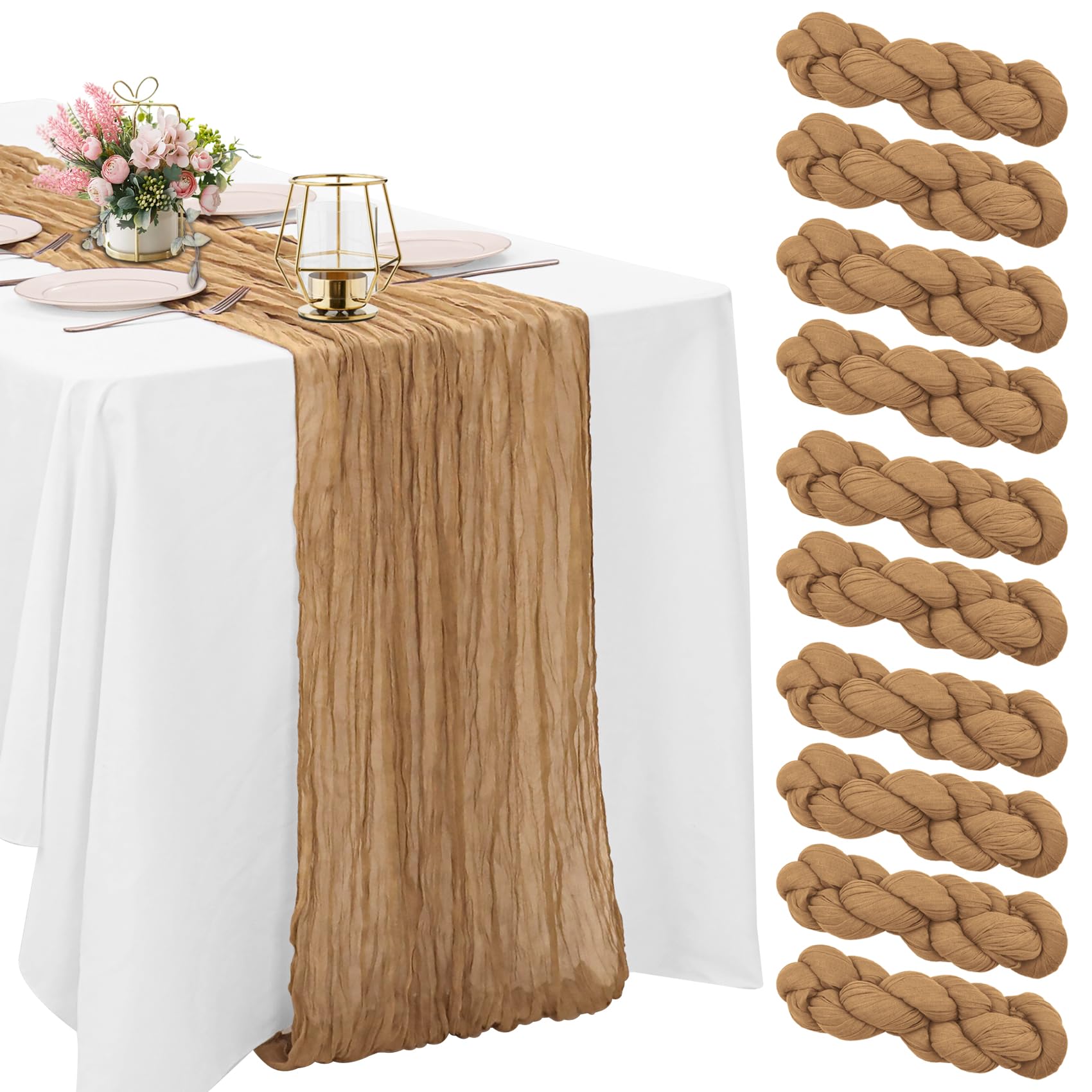10 Pack Nude Cheesecloth Table Runner 10FT Boho Gauze Fabric Table Runner Vintage Rustic Sheer Runners for Wedding Party Bridal Baby Shower Long Table Decorations — image 1