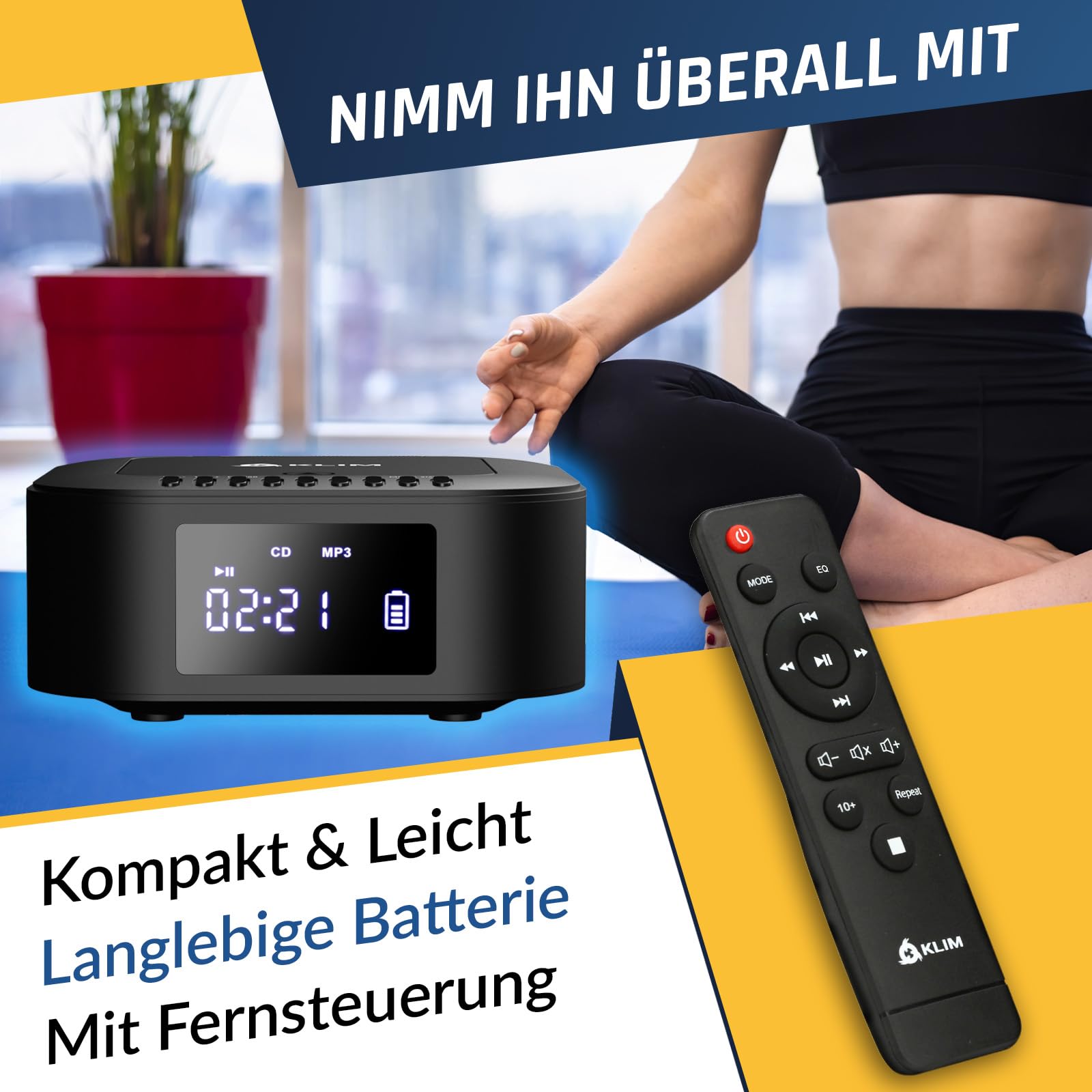 KLIM Boombox E1 Radio mit CD Player - CD-Hülle - BASS Boost mit Tieftöner - FM Radio, MP3, Bluetooth, AUX, USB - CD-R Player tragbar mit kabellosem Modus und aufladbaren Akku - Mit Fernbedienung