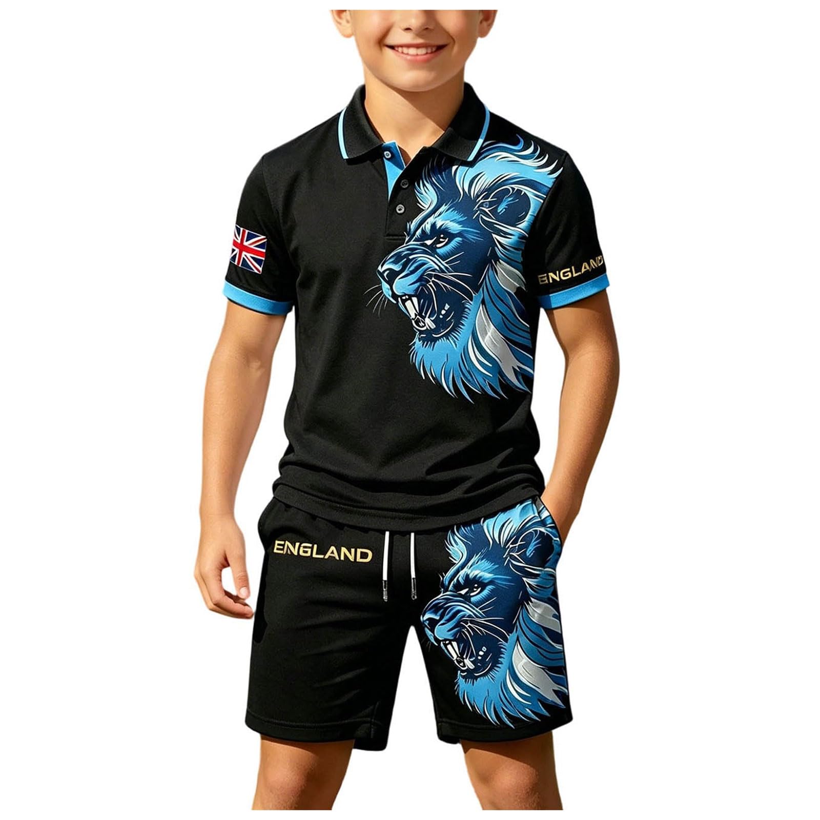 Kids England Football Shirt 2026 Boys Short Sleeve Collared Breathable Lightweight Polo Shirts Football Kit England Flag Print Athletic Shorts and T-Shirt Set Training Jersey (7-8)
