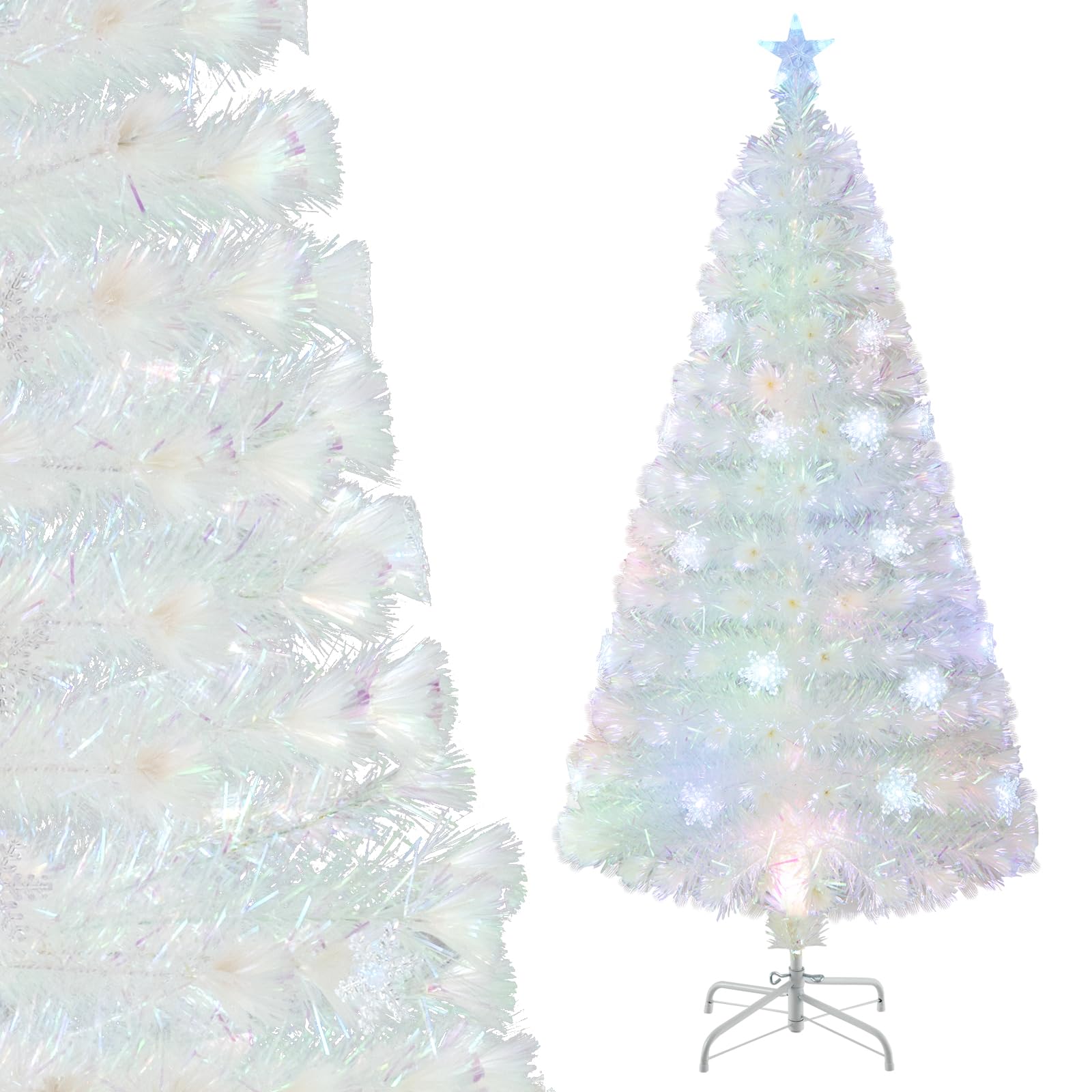 COSTWAY Sapin de Noël Artificiel à Fibre Optique Lumineux LED 120 cm, Blanc avec Feuilles Irisées, Lumières LED Flocon de Neige Multicolores, Lumière Etoilée Supérieure, pour Bureau, Maison