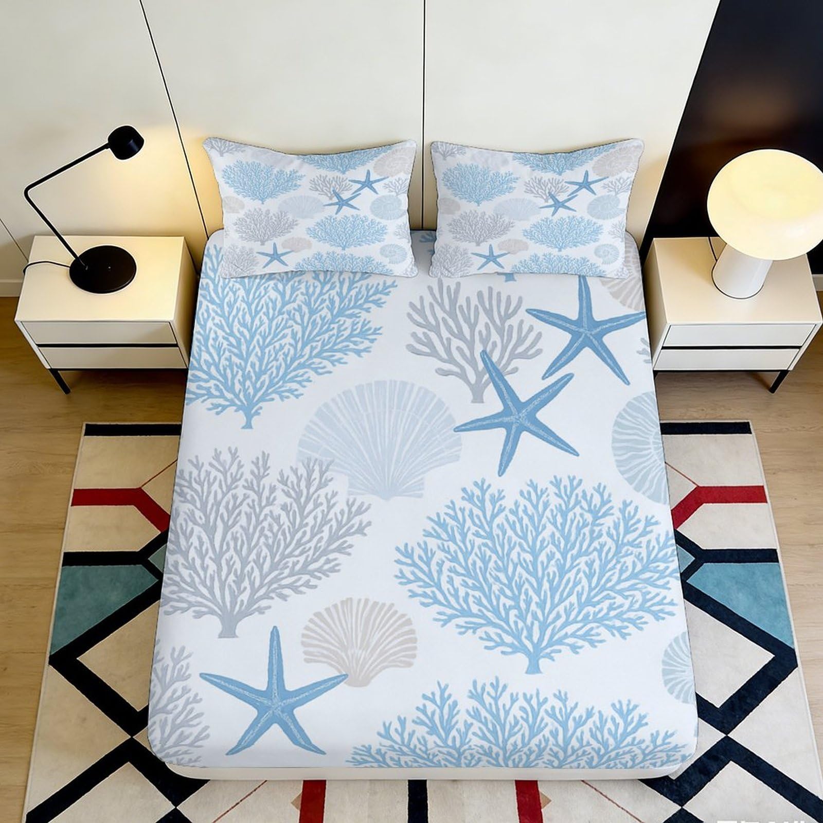 3D Printed Blue Coral Starfish Fitted Sheet Microfiber Soft Mattress Cover Bedroom Guestroom Easy Care Coastal Decor 90x200x25cm