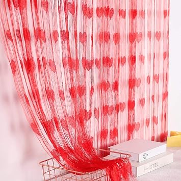 2Pack Red Romantic Heart Shaped Curtain Lace String Curtain Wall Window Bedroom Curtain Decor Valentines Day Wedding Party Supplies,39" x 79"