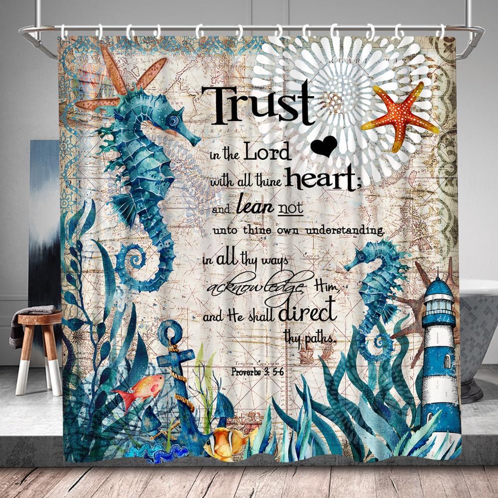 Seahorse Shower Curtain Marine Life Inspirational Quote Motivational Words Funny Green Ocean Animals Coral Reef Lighthouse Anchor Vintage Nautical Beach Theme Bathroom Set with Hook 84Wx70H Inch