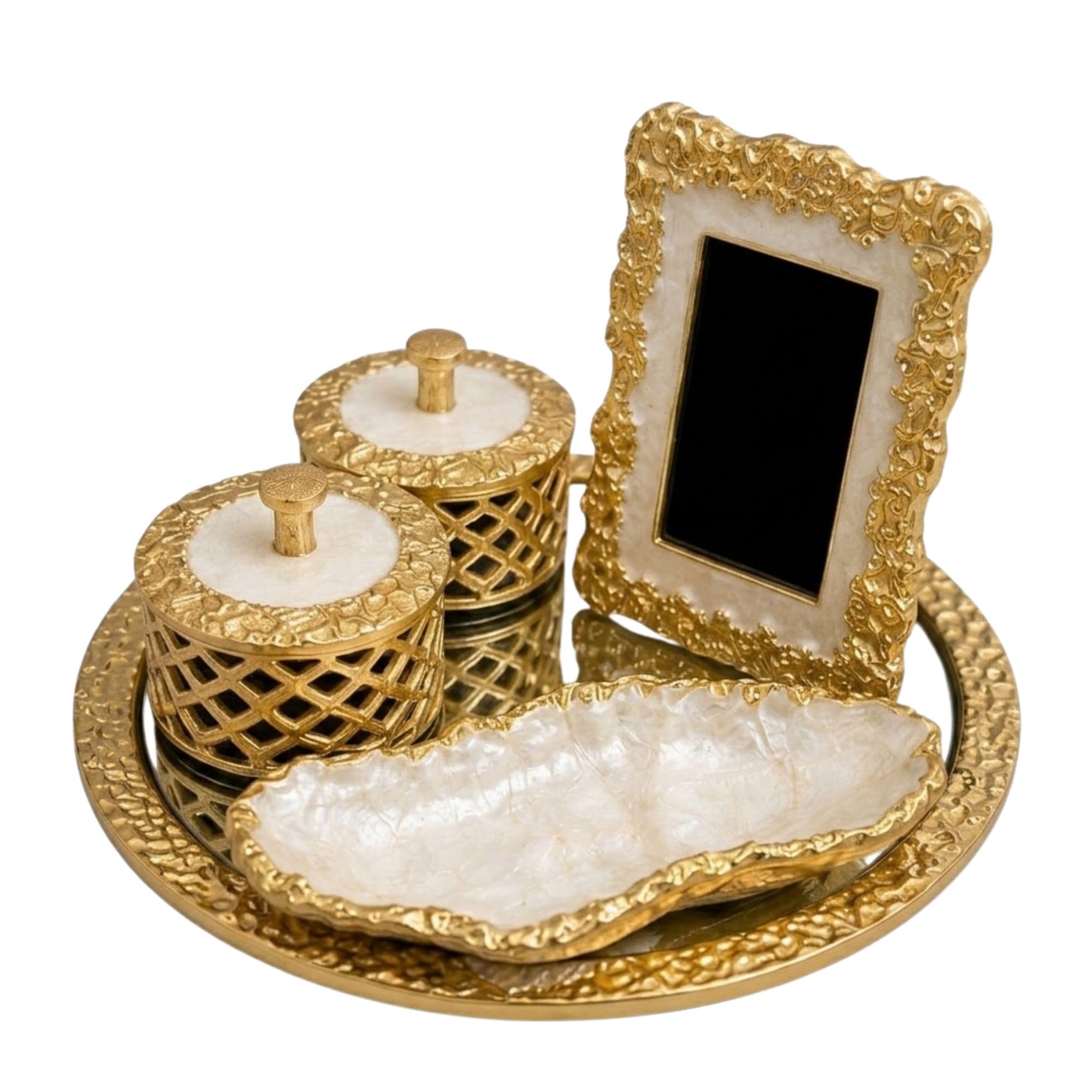 Premium Aluminium Decorative Vanity Set with Tray Mirror and Storage Containers | Collection for Home Decor & Organization-image-22
