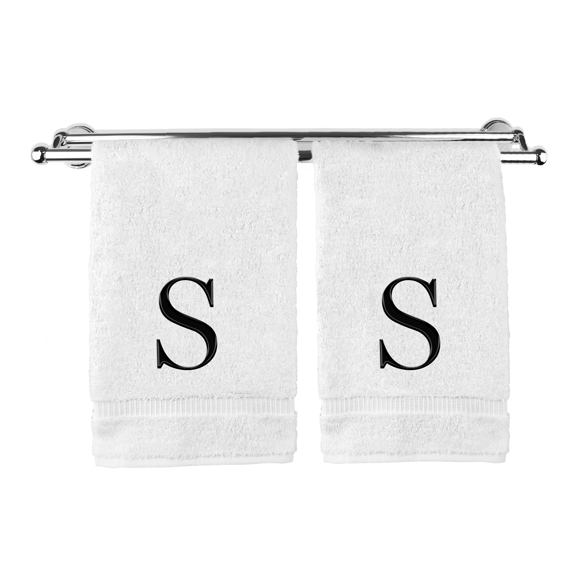 Monogrammed Hand Towel, Personalized Gift, Set of 2- Black Block Letter Embroidered Towel - Extra Absorbent 100% Turkish Cotton - Soft Terry Finish - Initial S White