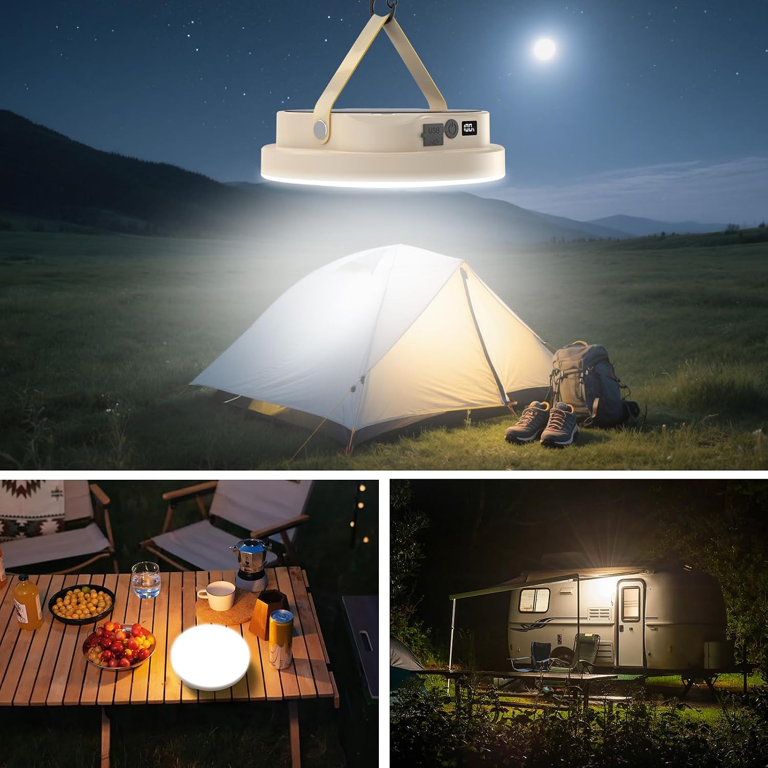Solar Camping Light with 7800mAh Battery & Digital Display - 3000 Lumens Tent Light 4 Light Modes (White/Warm/Natural/SOS), 1/4 Expand Nut Port , 17 Hrs Long Runtime for Outdoor (3000LM,7800mAh)
