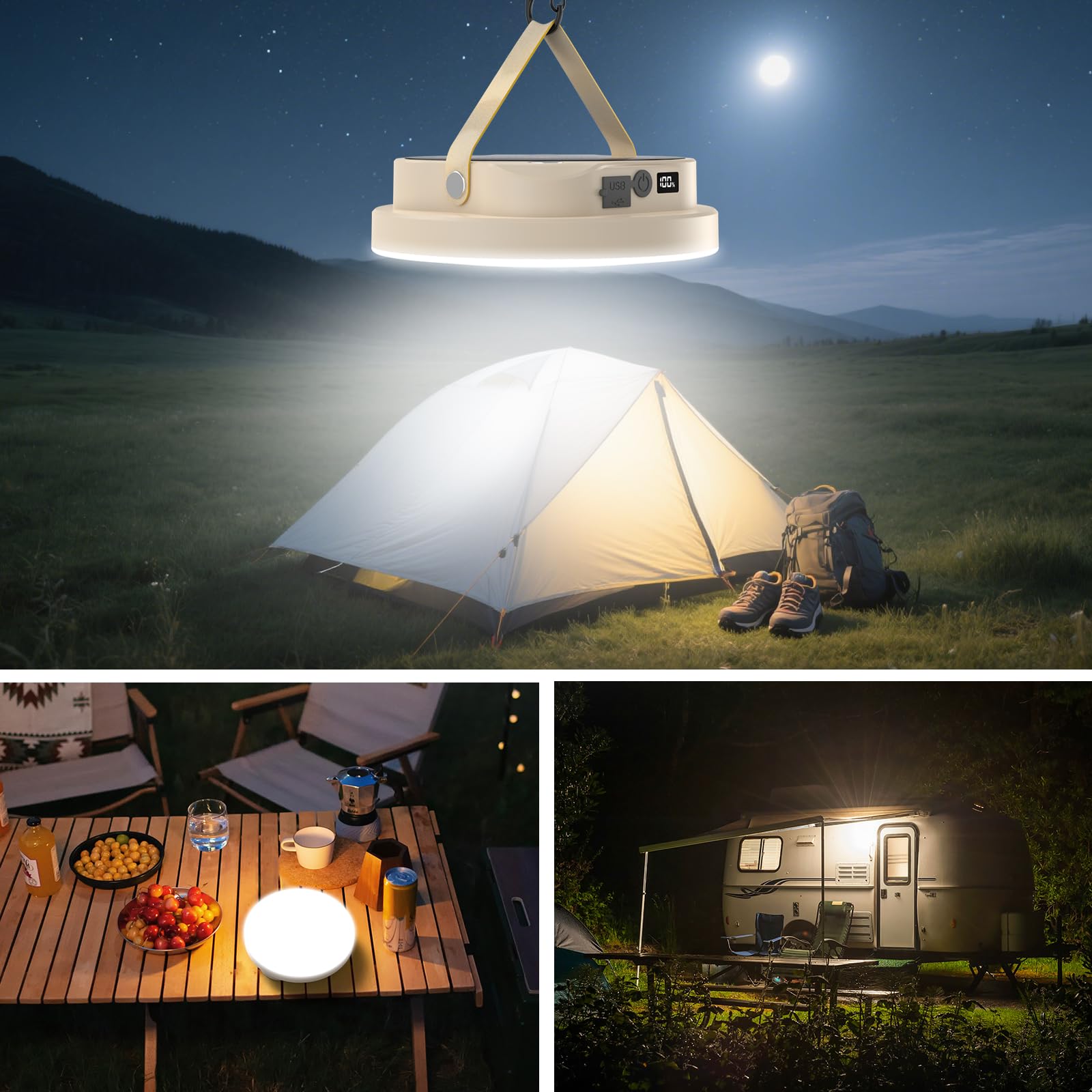 Lampe solaire de camping avec batterie de 7800 mAh et affichage numérique – Lampe de tente de 3000 lumens, 4 modes d'éclairage (blanc/chaud/naturel/SOS), port écrou d'extension 1/4, 17 heures
