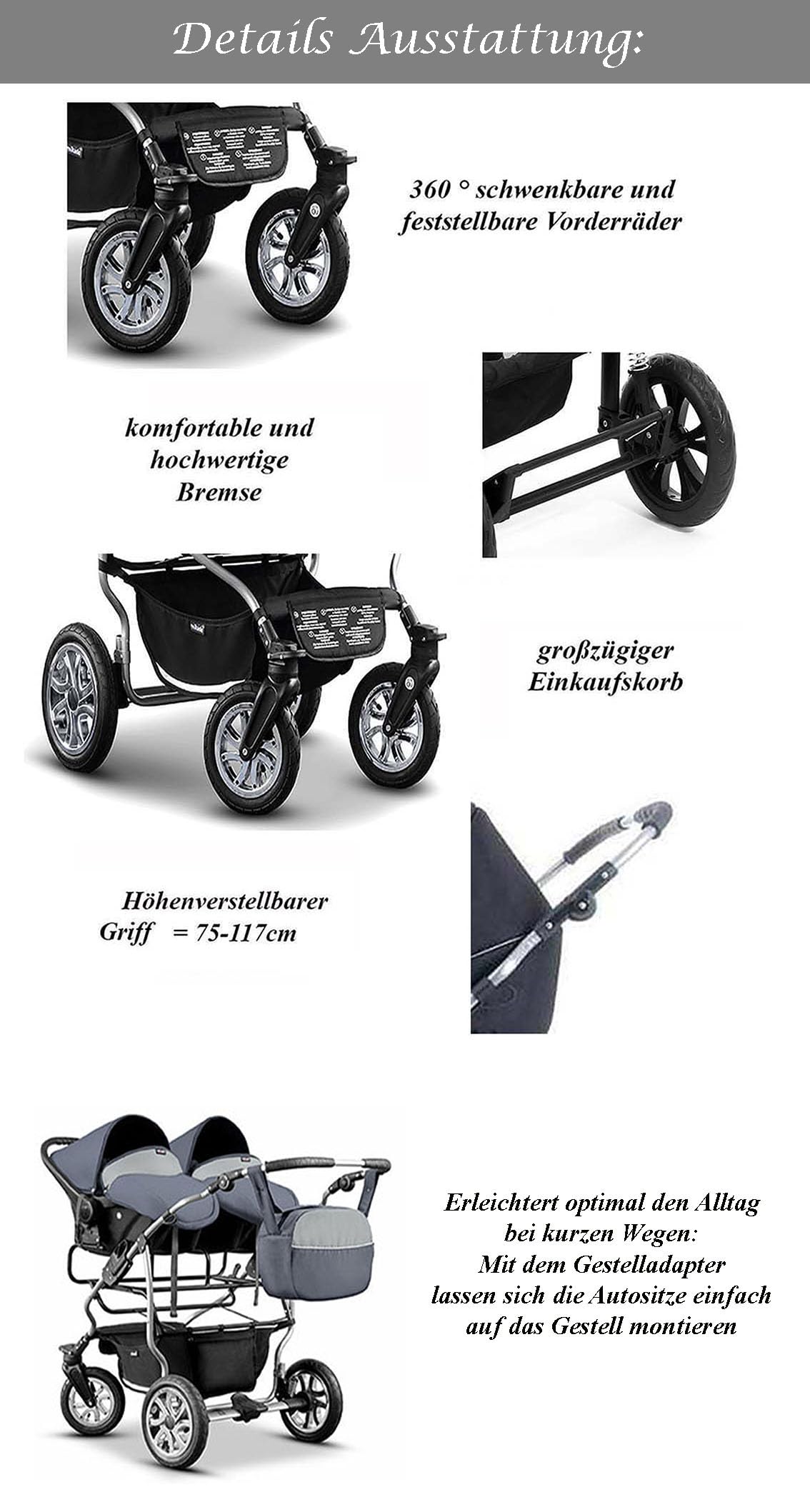 Zwillingskinderwagen 3 in 1 City Twin - 15 Teile - in Farbe Schwarz