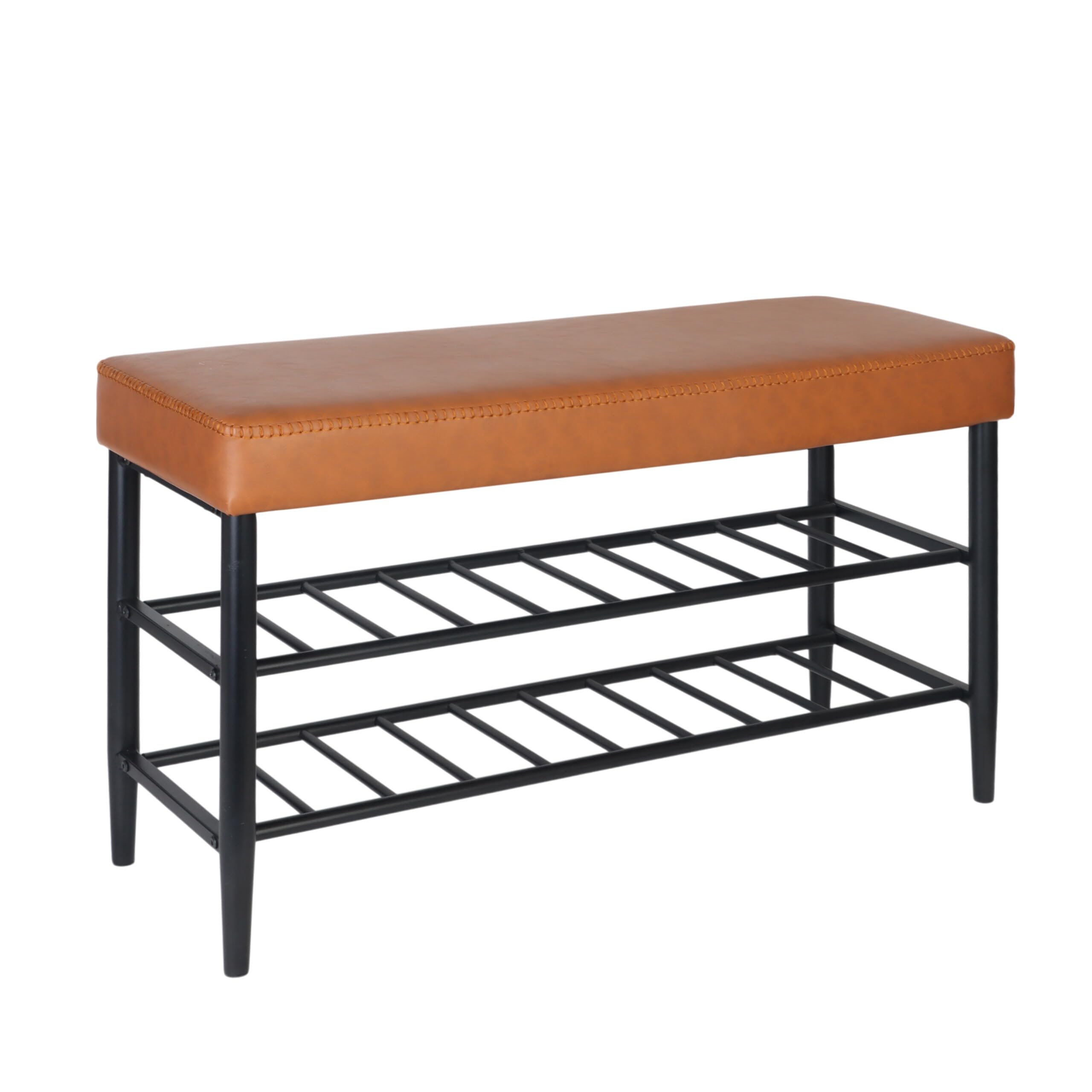 Relaxdays Ławka na buty, tapicerowane siedzisko ze sztucznej skóry, 2 półki na buty, 6 par butów, regał na buty, wys. x szer. x gł.: 50 x 80 x 30 cm, brązowa