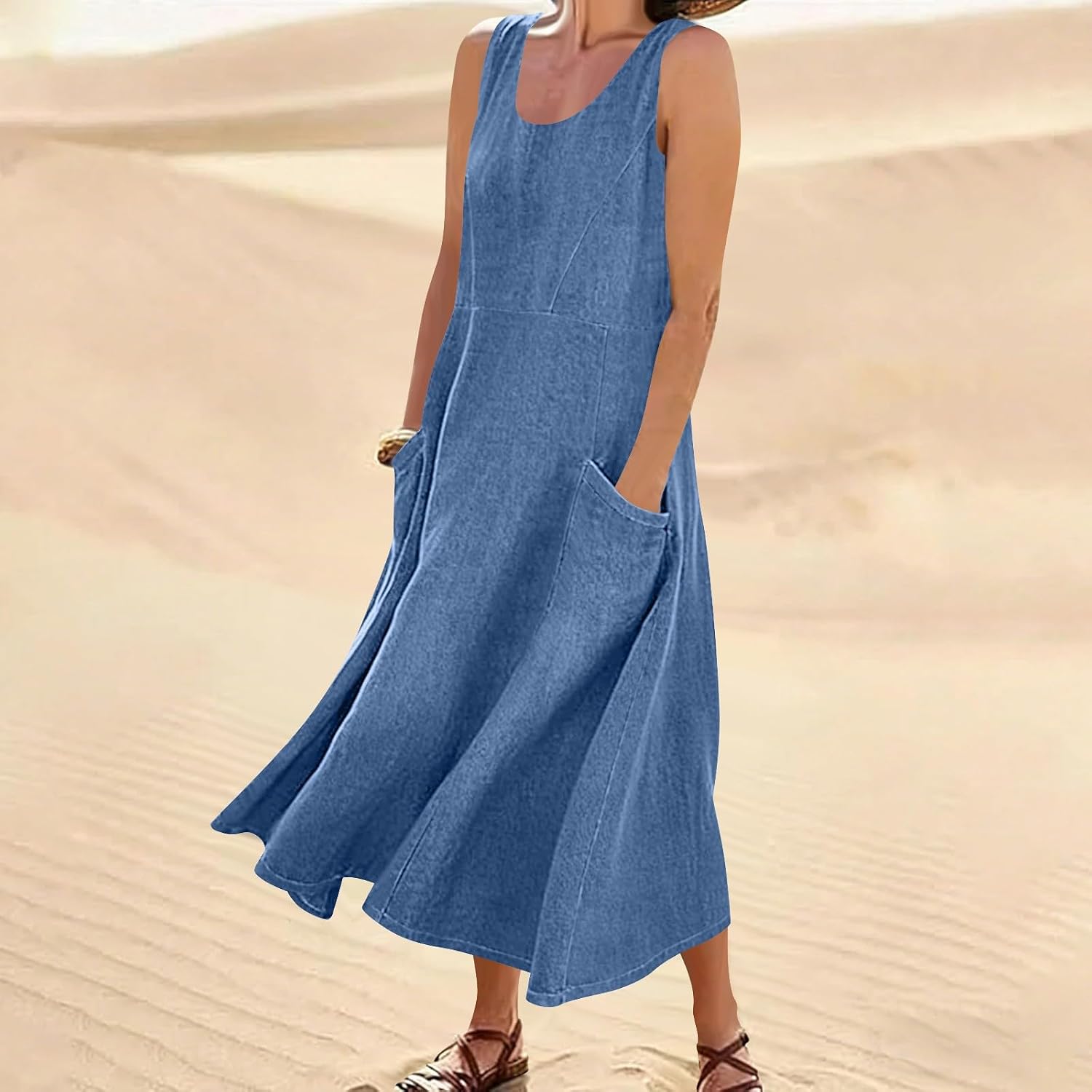 Women Summer Sleeveless Denim Maxi Dress Crewneck Loose Fit Casual Jean Sundress with Pockets Vacation Tank Dresses