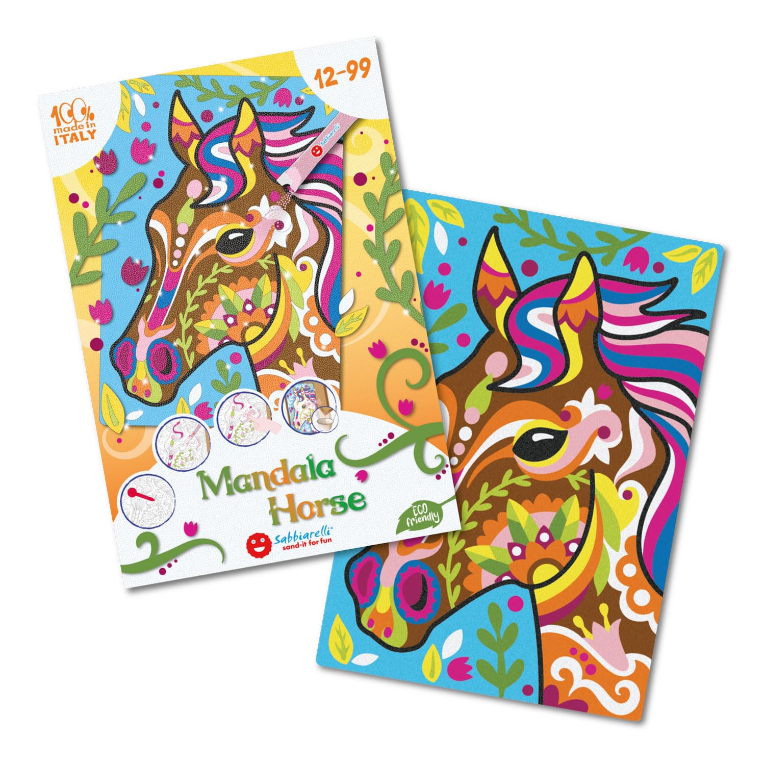 Sabbiarelli Sand-it For Fun – Maxi Set Mandala Cavallo 12-99 | Kit di Sand Art 100% Made in Italy con Sabbia Colorata, 1 Poster Adesivo e Accessori | Hobby Creativo Facile, Relax per Ragazzi e Adulti