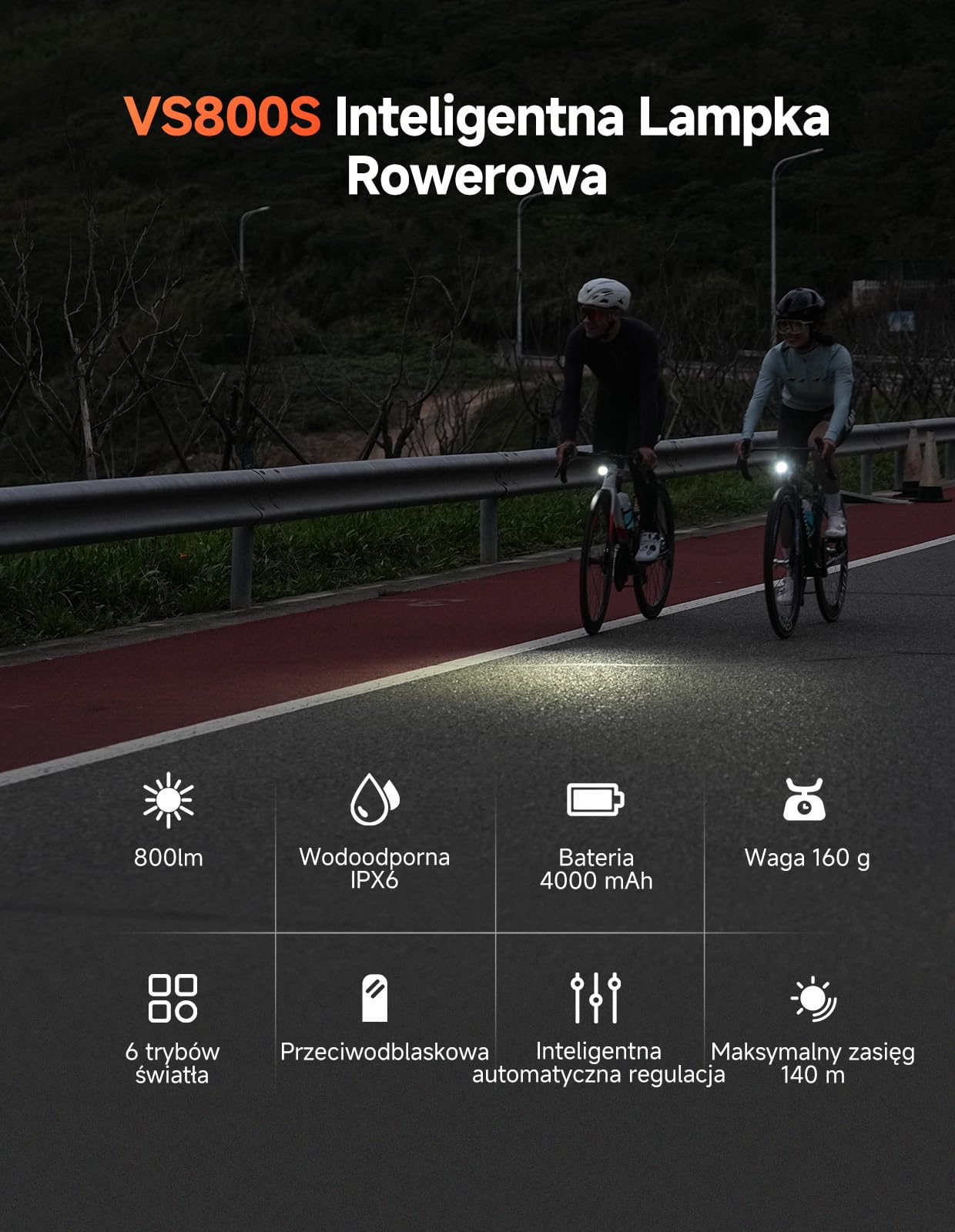 iGPSPORT VS800S Inteligentna Przednie Światła Rowerowe 800 LM, Bateria 4000 MAh, Auto Włącz/Wyłącz, Sterowanie Pilotem, 6 Trybów Światła, Antywstrząsowa, Antyodblaskowa, USB-C, Wodoodporność IPX6