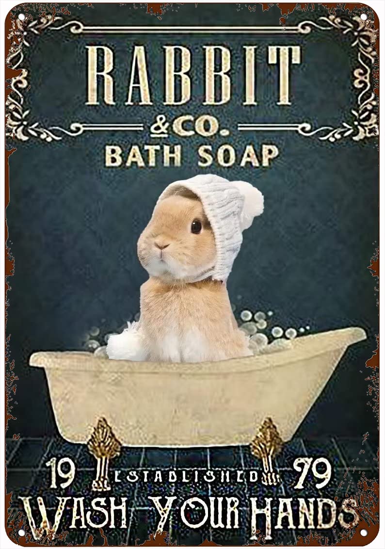 peiyeety Metal Tin Sign Rabbit & Co Bath Wash Your Hands Art Decorative 8x12 Inch Vintage Retro Wall Art Plaque For Bathroom Home Restroom Living Room Rustic Wall Decor