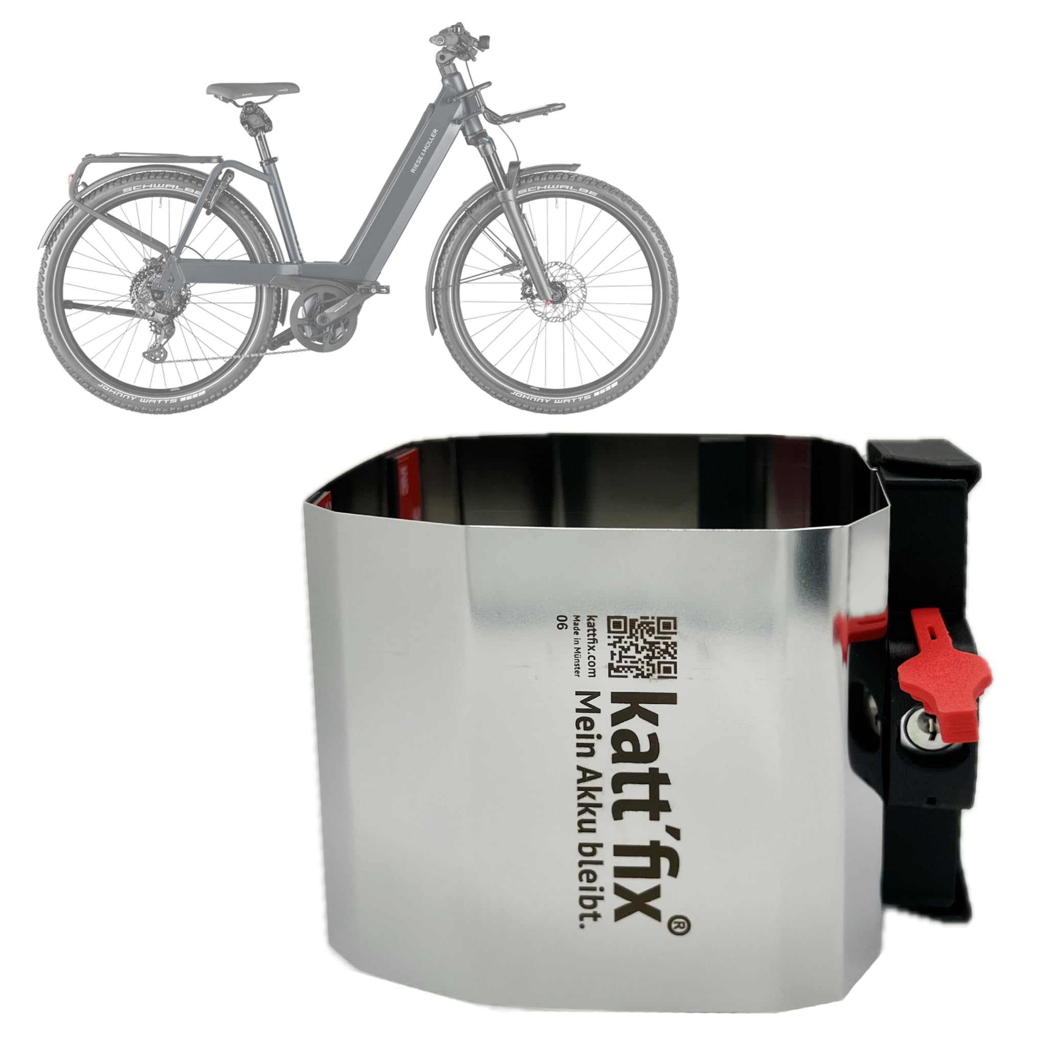 E-Bike-Akkuschloss „Kattfix“ für Riese und Müller Fahrräder, E-Bike Akku-Diebstahlsicherung (Nevo 4 (Wave/Tiefeinstieg), universell)