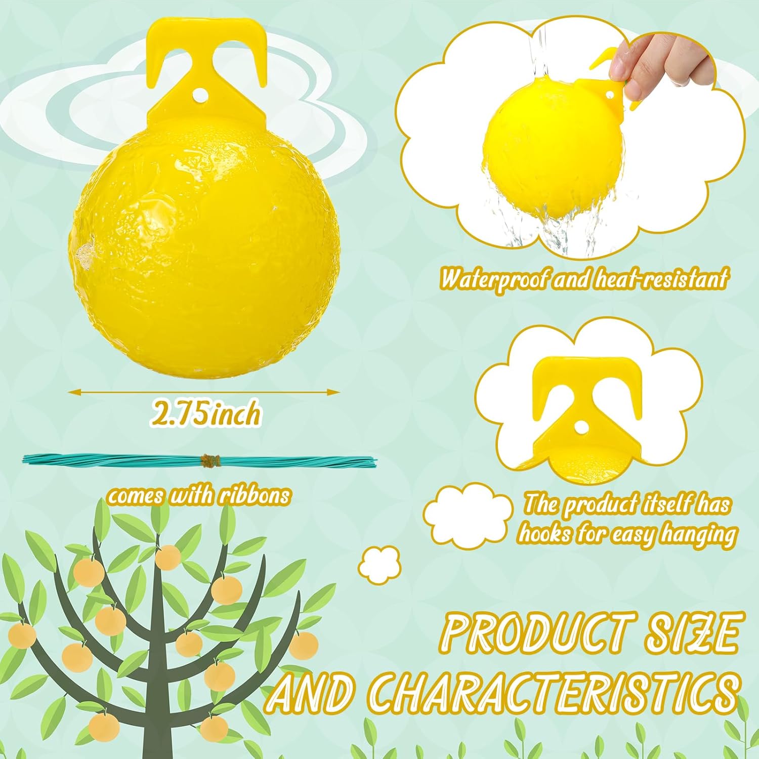 Qualirey 15 Pcs Sticky Fruit Fly Trap Ball Adhesive Fly Catching Ball Flying Insects Trap Sticky Ball with 15 Ribbon Fly Gnat Wasp Hornet Mosquito Bugs Flying Insects Trap Ball Traps(Yellow)