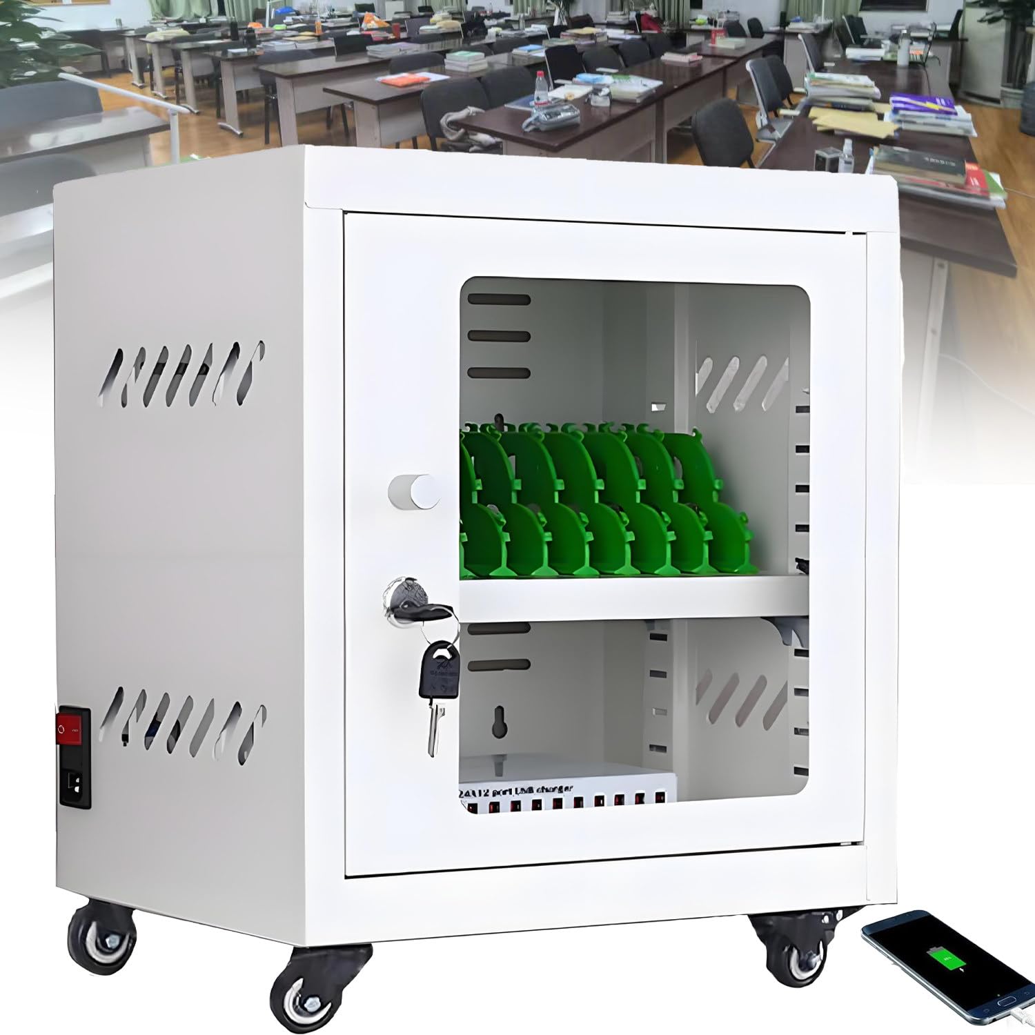 UORDBY 12-60 Device Mobile Phone Charging Cart, Rechargeable Cellphone Locker Storage Chargings Station, Compatible with Various Mobile Phone Models 12slots