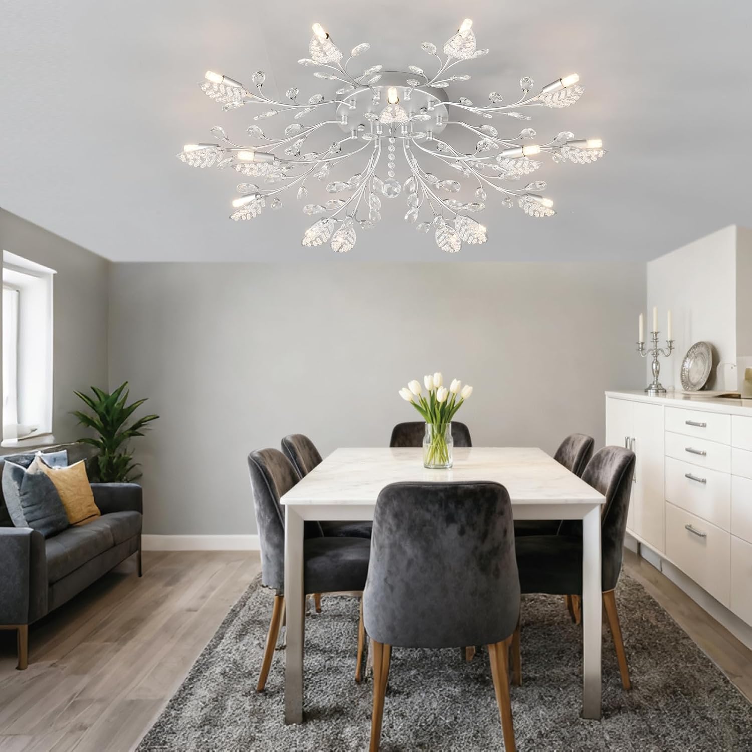 Modern Crystal Ceiling Light Fixture,Silvery Semi Flush Mount Chandeliers,Crystal Leaf Ceiling Light, Chandeliers for Dining Room,Living Room,Bedroom