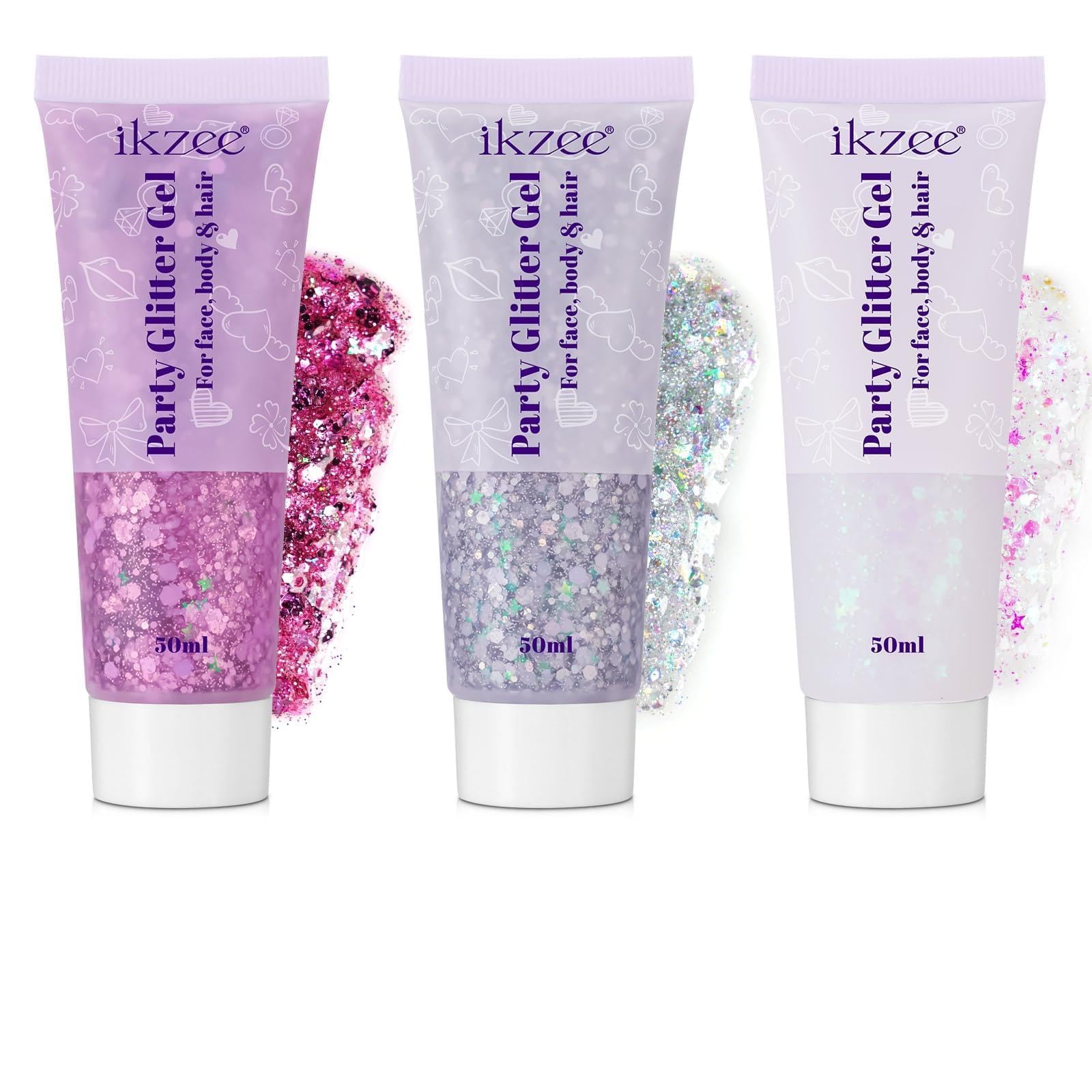 3 Stück Body Glitter Gel, Glitzer Gesicht Gel 50ml, Wasserfest & Langlebig Glitter Schminke für Festival Party, Glitzer Set Make Up für Haare/Körper/Nagel（Silber,meerjungfrau,Rosa）