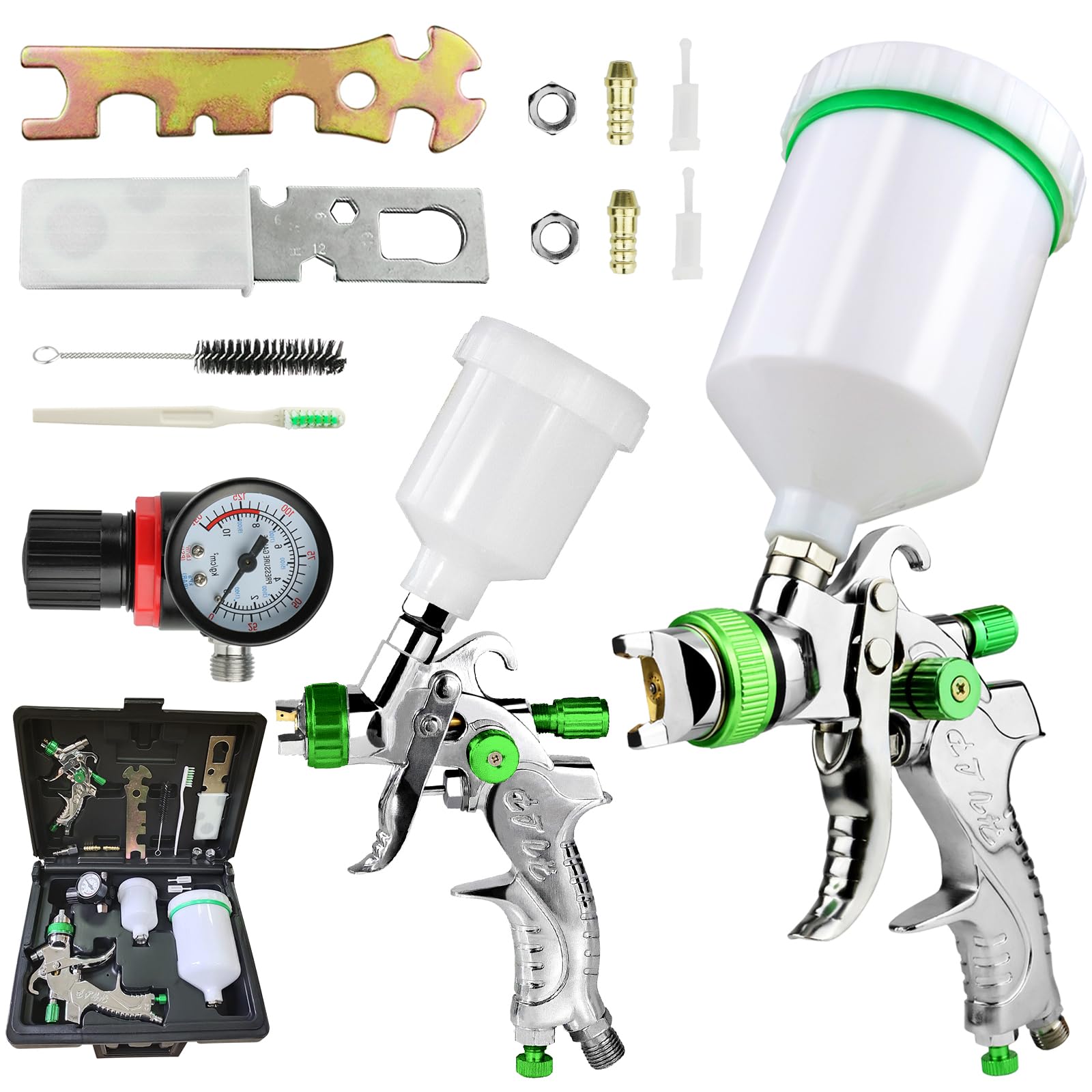 HVLP - Kit di pistola a spruzzo con ugelli da 0,8 mm e 1,0 mm, set professionale con manometro, tazze da 125 ml e 600 ml, set di strumenti per la pittura di auto, mobili, finitura del legno
