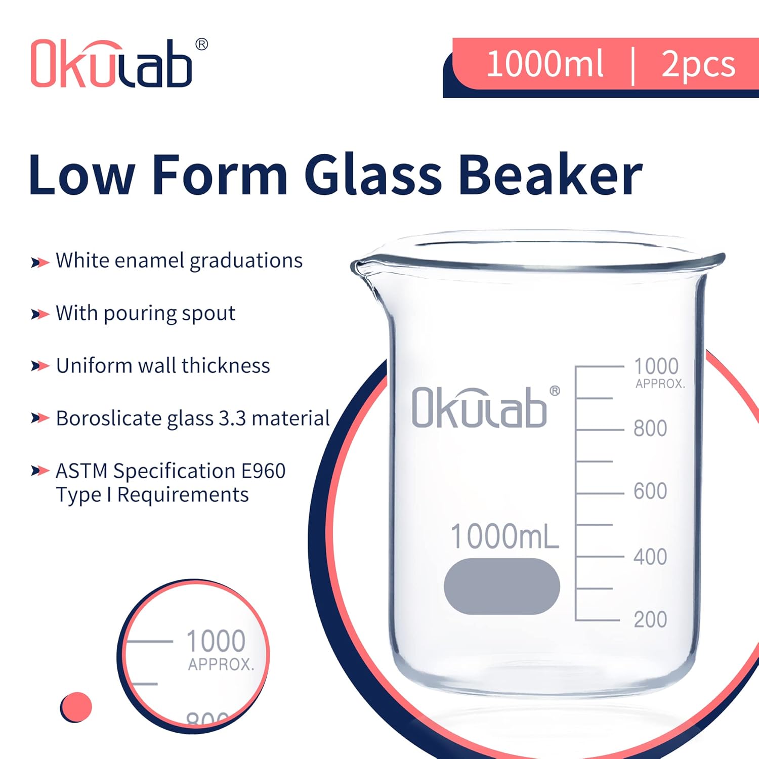 2pcs of 1000mL Glass Beaker, Low Form, Graduated 3.3 Borosilicate Glass Beaker Set for Lab, Classroom, Craft, Kitchen,BKLG1000A2