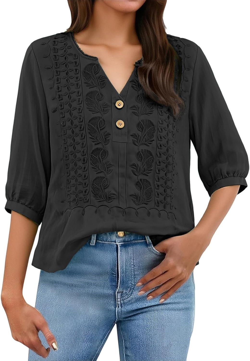 Embroidered Linen Shirts for Women - V Neck 3/4 Sleeve Length Boho Tops Plus Size 2026 Summer Dressy Casual Blouses - Image 6