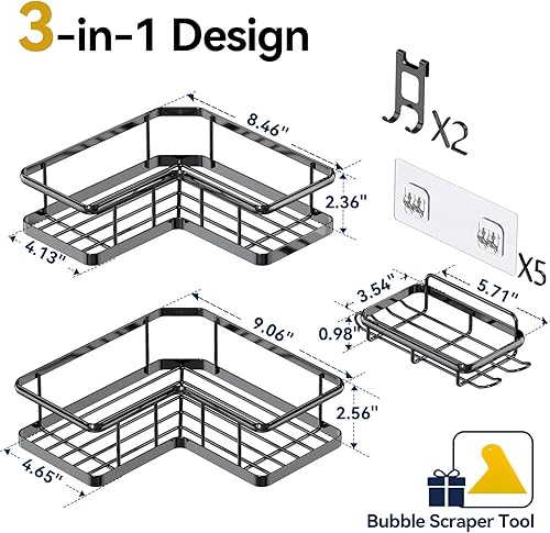 Miniatura 2 de YASONIC Organizador de ducha esquinero, paquete de 3 estantes de ducha adhesivos de acero inoxidable a prueba de óxido con soporte para jabón,