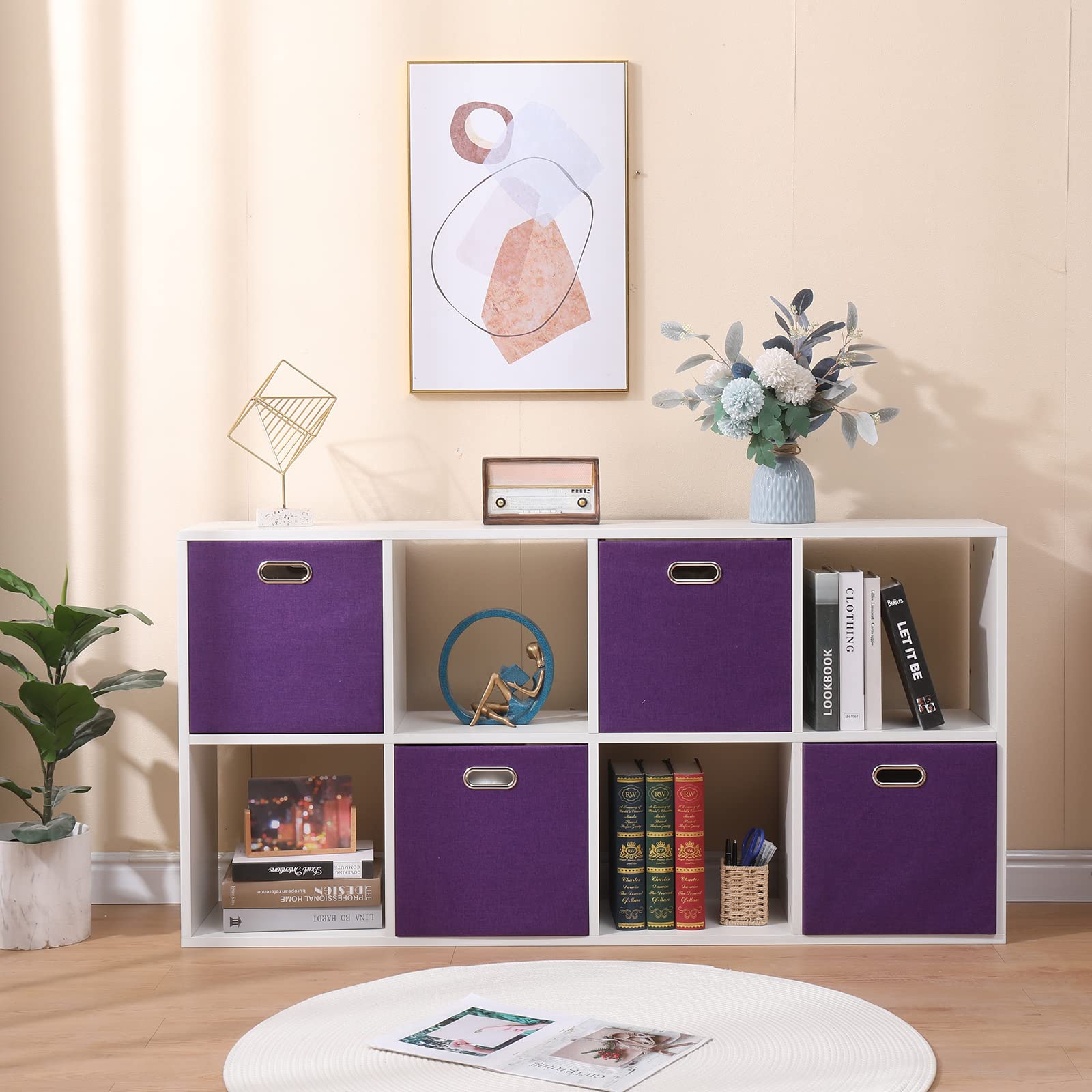 Faltbarer Korb, Stoff, faltbare Box mit Griffen, 33 x 33 cm, würfelförmige Aufbewahrungskörbe, 4er-Set, dicke und robuste Aufbewahrungskörbe für Regale, Schlafzimmer, Wohnzimmer, Lila