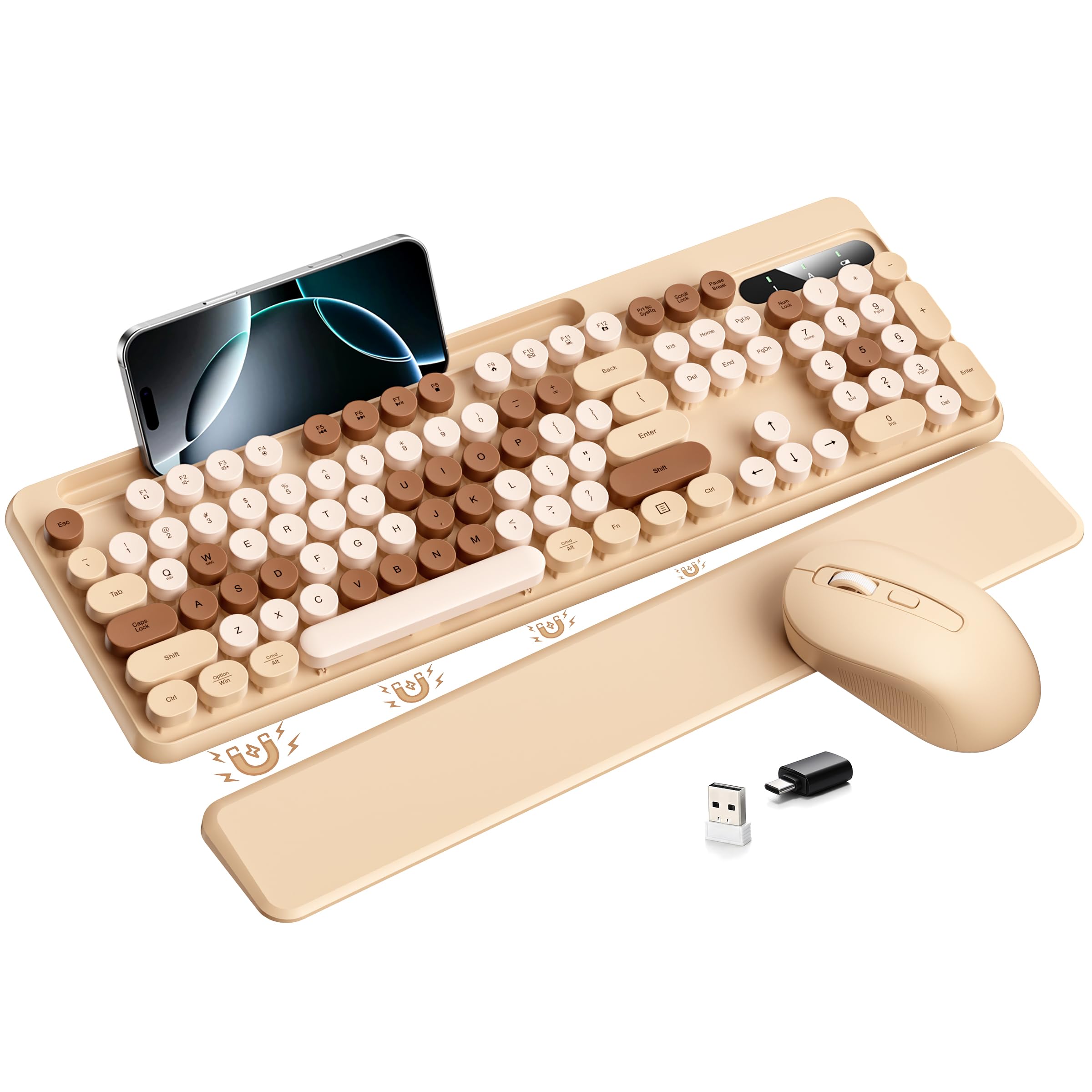 Hamile Wireless Keyboard and Mouse Combo - Detachable Wrist Rest, Phone/Tablet Holder, Retro Typewriter Style Keyboard, Colorful Round Keycaps, 2.4GHz Wireless for Windows/Mac/PC/Laptop, Milk Tea