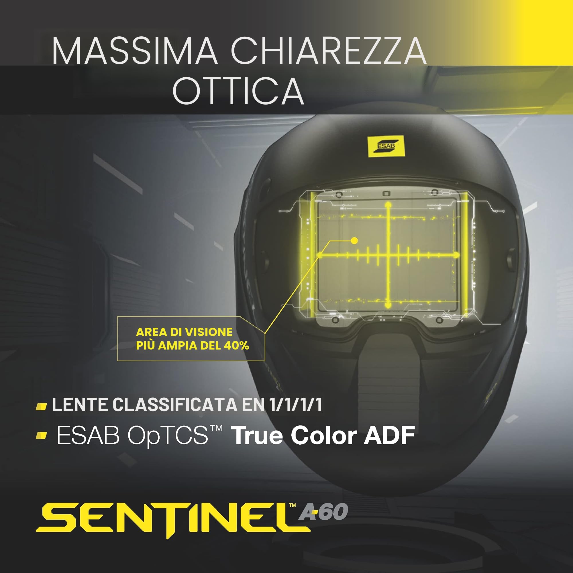 ESAB® Sentinel™ A60, casco da saldatura, design piatto nero, nylon ad alto impatto, ampio campo visivo 11,8 x 7,1 cm