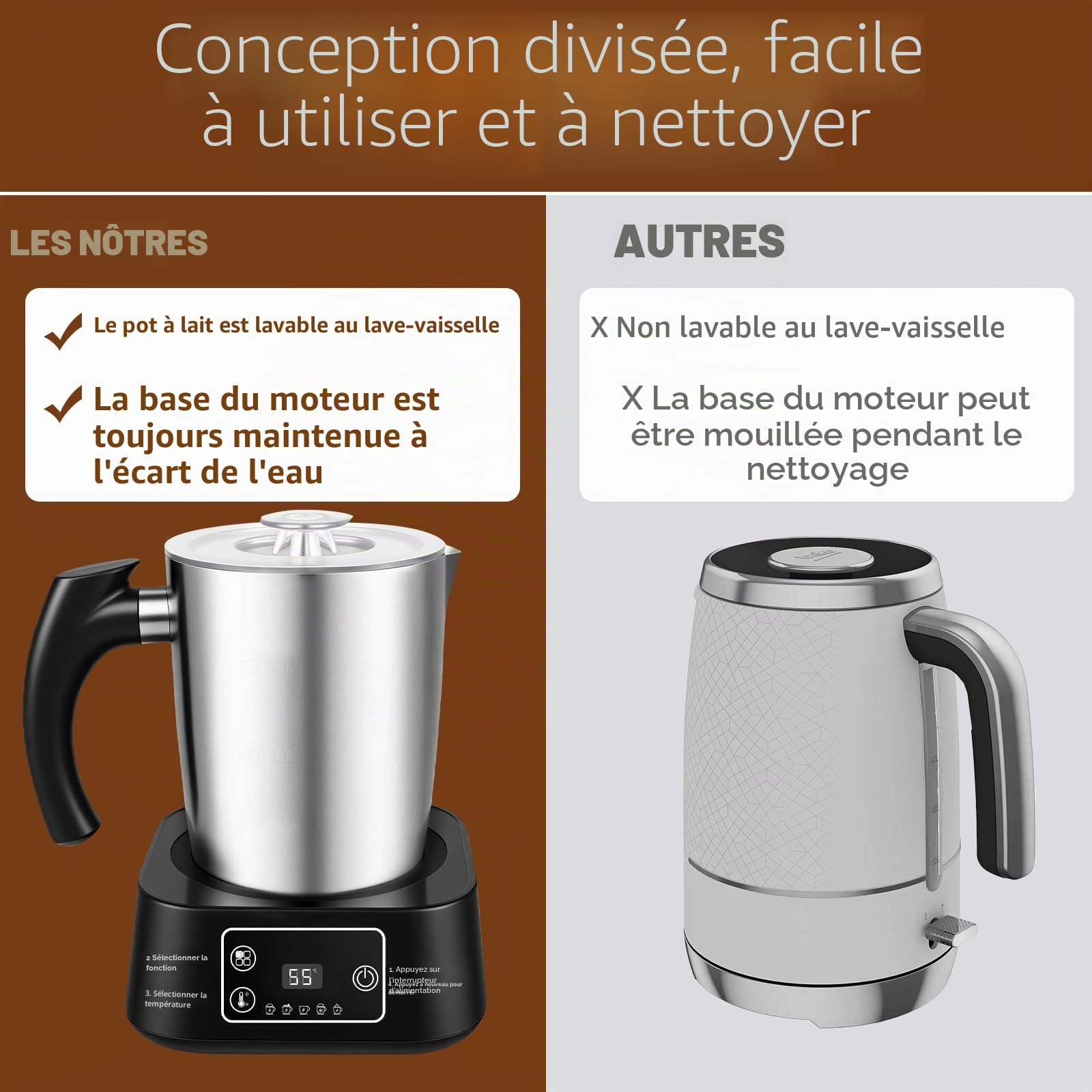 Mousseur à lait électrique – Mousseur 5-en-1, Pichet en acier inoxydable 500 ml, bol amovible et compatible lave-vaisselle, contrôle de la température, pour lait chaud et froid, cappuccino, latte