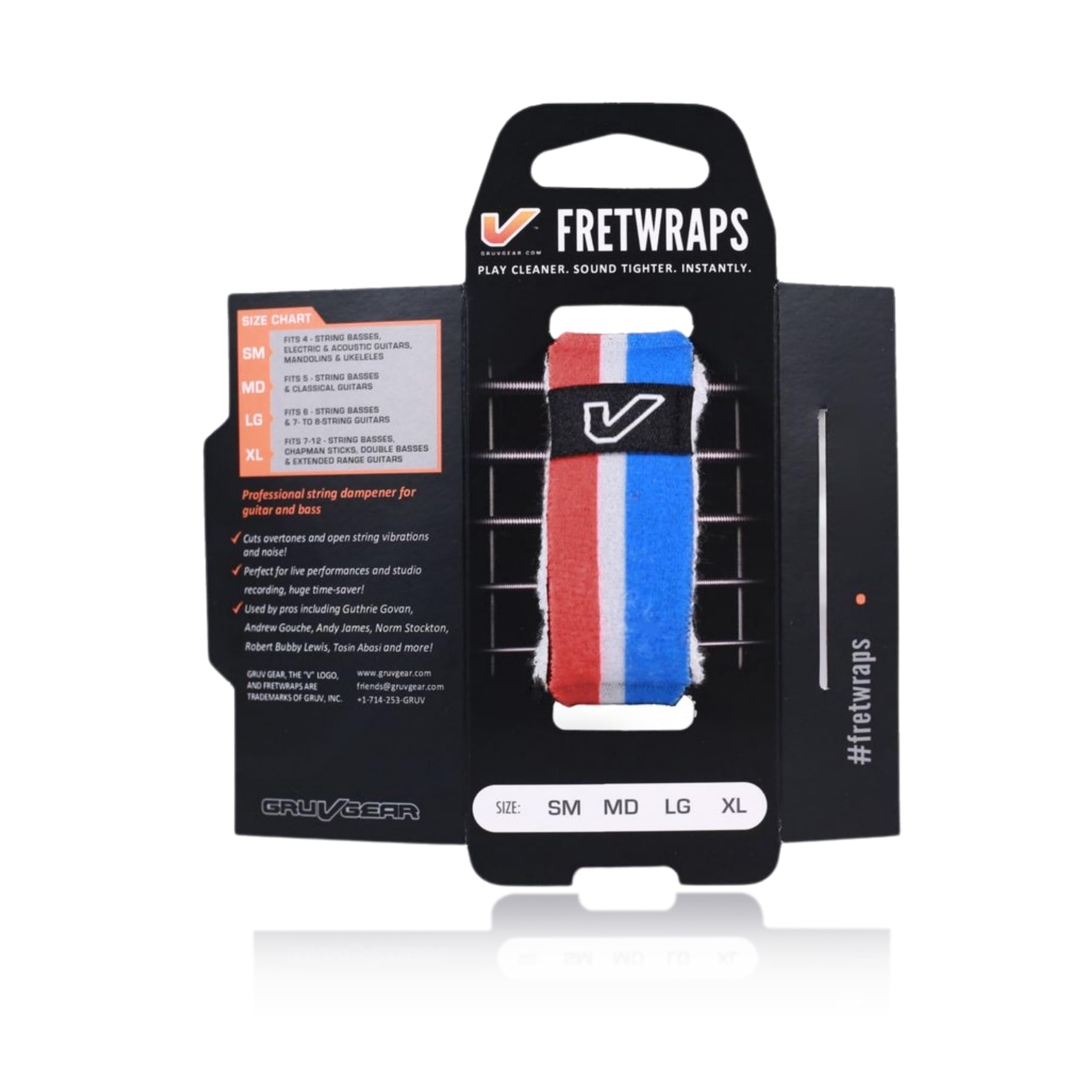 Gruv Gear Fret Wrap &amp; Guitar Mute, Fretwrap for Acoustic, Electric &amp; Bass | String Dampener Recording, Tapping &amp; Practice Accessory (1 Pack, Medium Red/White/Blue, Fits 5 String Bass, 7 String Guitar)