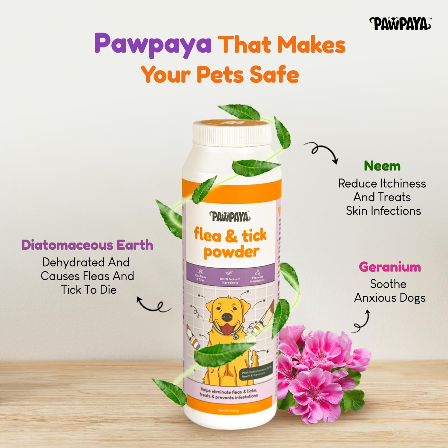 Pawpaya Flea & Tick Control Powder | Neem-Based Protection for Dogs & Cats | Reduces Itching & Skin Irritation | Safe, Non-Toxic | 100g 2