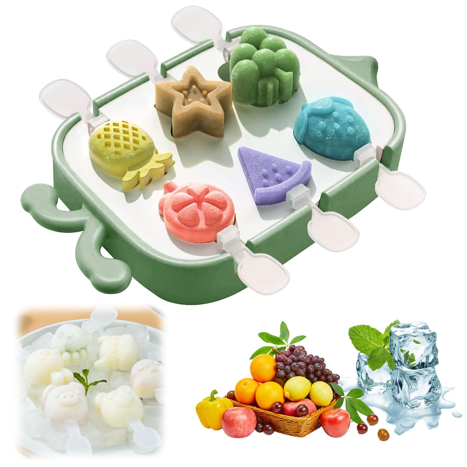 Ice Cream Molds Silicone BPA Free Ice Pop Mold Popsicle Silicone Cute Fruit Ice Lolly Molds Cheese Mold 6 Holes with Lid, 6 Ice Cream Sticks for Making Ice Cream