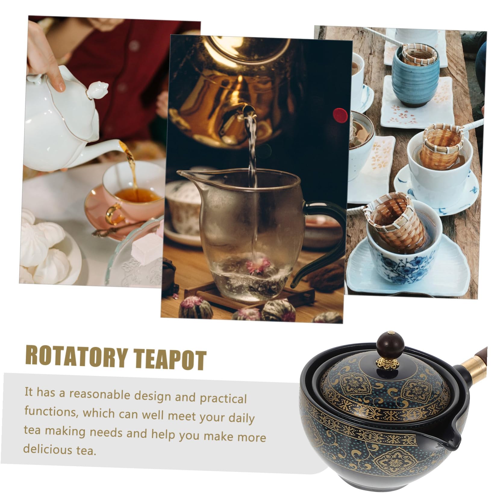 Homoyoyo Tetera Doméstica Giratoria Cerámica 360° Filtro y Asa Lateral Azul Elegante para Infusión de Té en Casa Juego de 1 Tetera y 4 Tazas para Té Tradicional