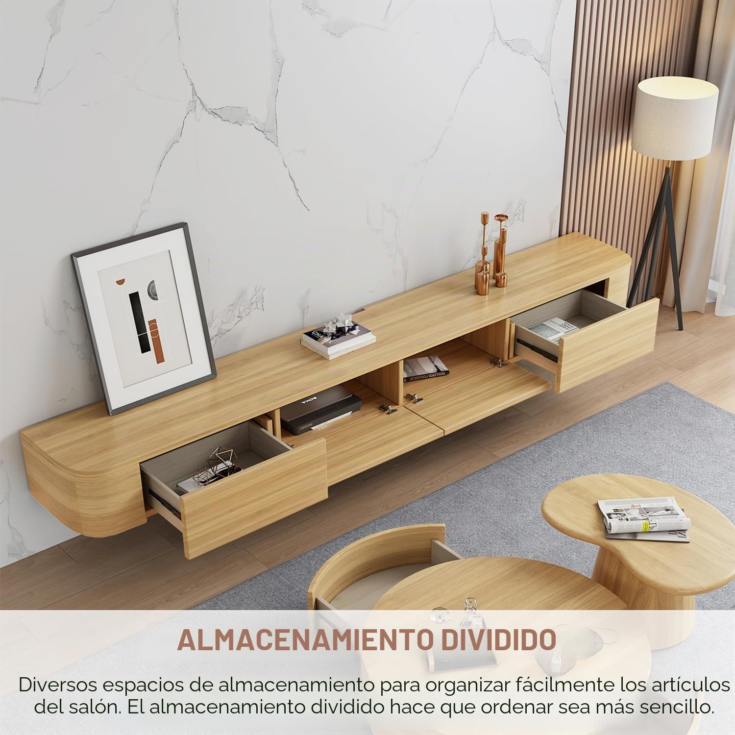 Mueble TV Suspendido Moderna con luz LED | Consola de Medios de Entretenimiento Montada en la Pared | Banco de TV con Gran Capacidad de Almacenamiento para Sala de Estar y Oficina (Madera, 200cm)