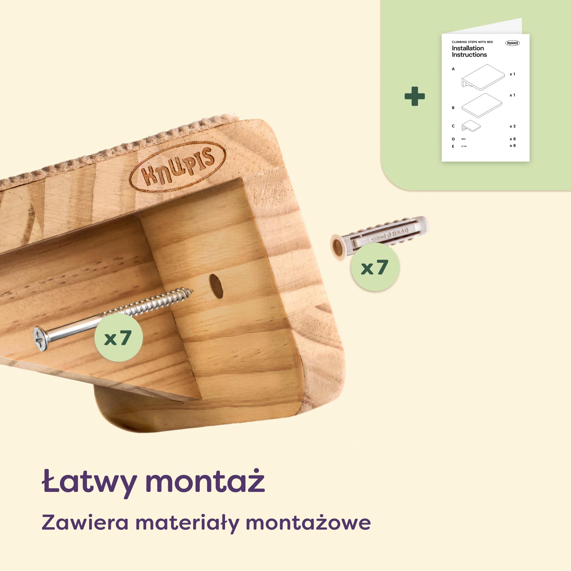 Knupis Zestaw Ściennej Drabinki dla Kota z Legowiskiem & 2x Schodkami – FSC® Lite Drewno Sosnowe, Stabilna Półka Ścienna do 30 kg – dla Zabawy i Wygody - Beżowy | Wykonany z litego drewna sosnowego FSC, stabilny leżak ścienny, zapewniający zabawę i przytu