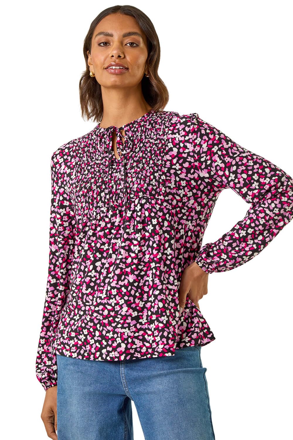 Roman Women's Multicolor Printed Shirred Tie Neck Top | Size: 12